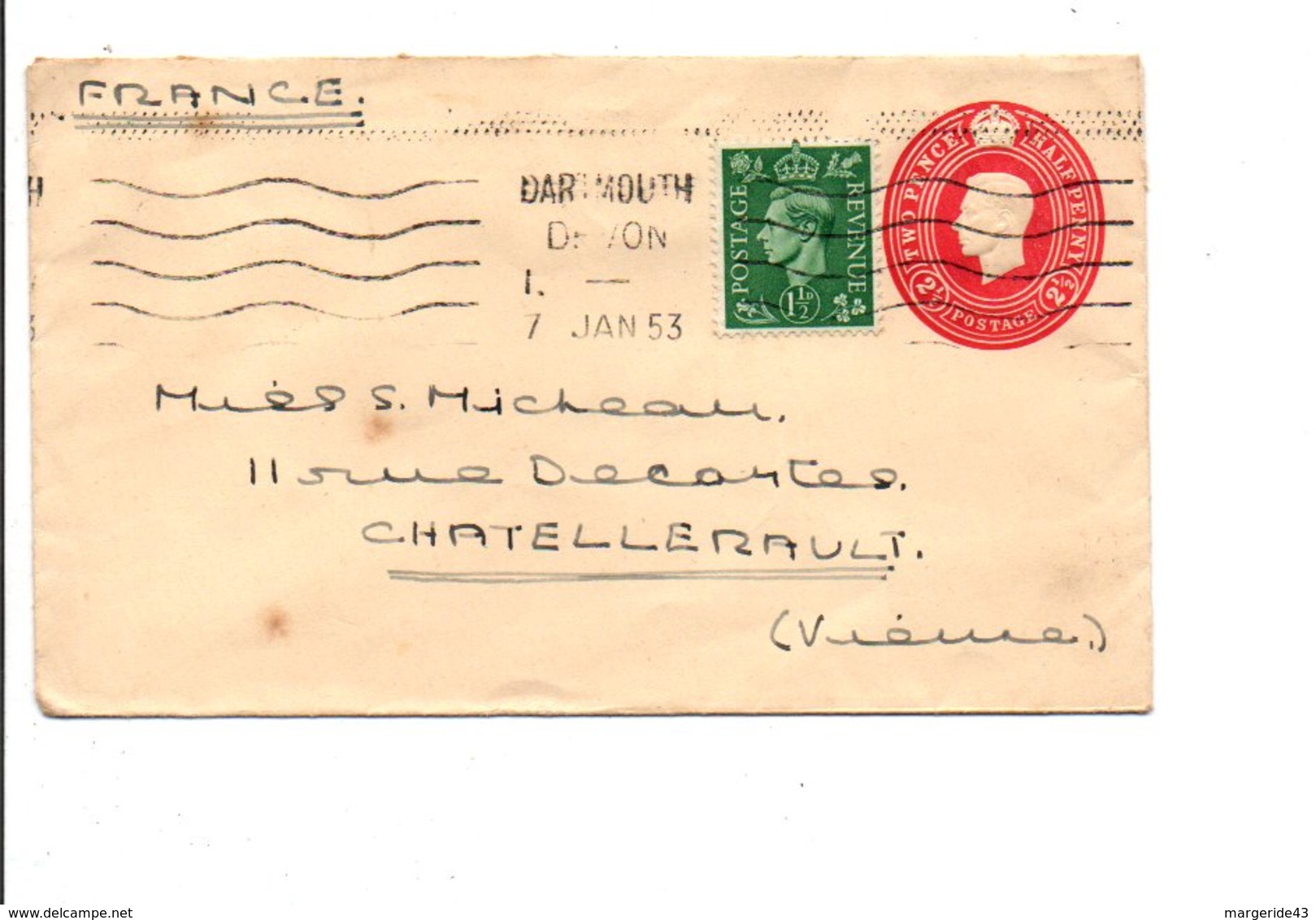 GB AFFRANCHISSEMENT COMPOSE SUR LETTRE DE DARTMOUTH POUR LA FRANCE 1953 - Lettres & Documents