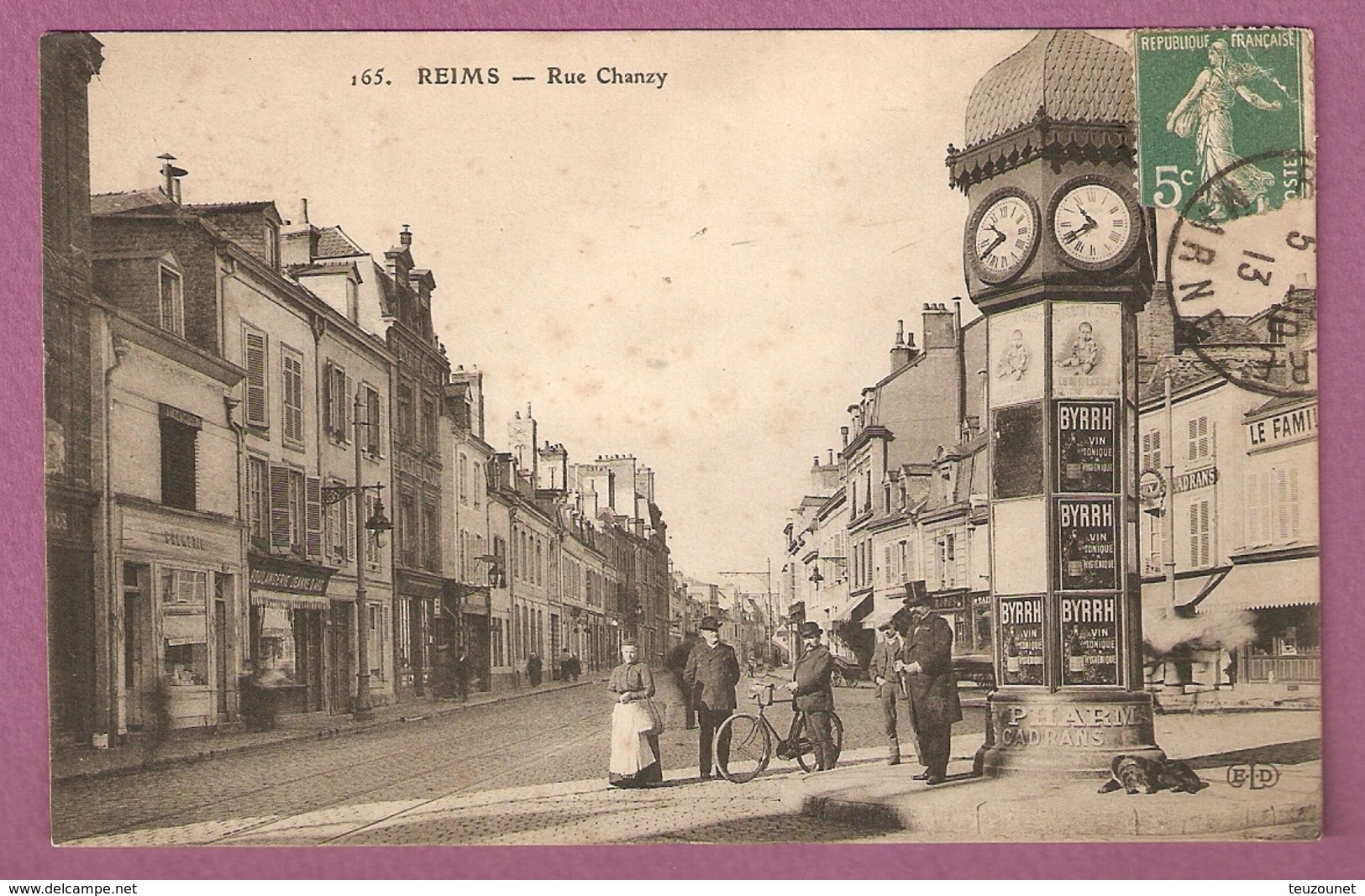 Cpa Reims Rue Chanzy Animée Colonne Horloge Pub Byrrh - éditeur ELD 165 - 2 Scans - Reims