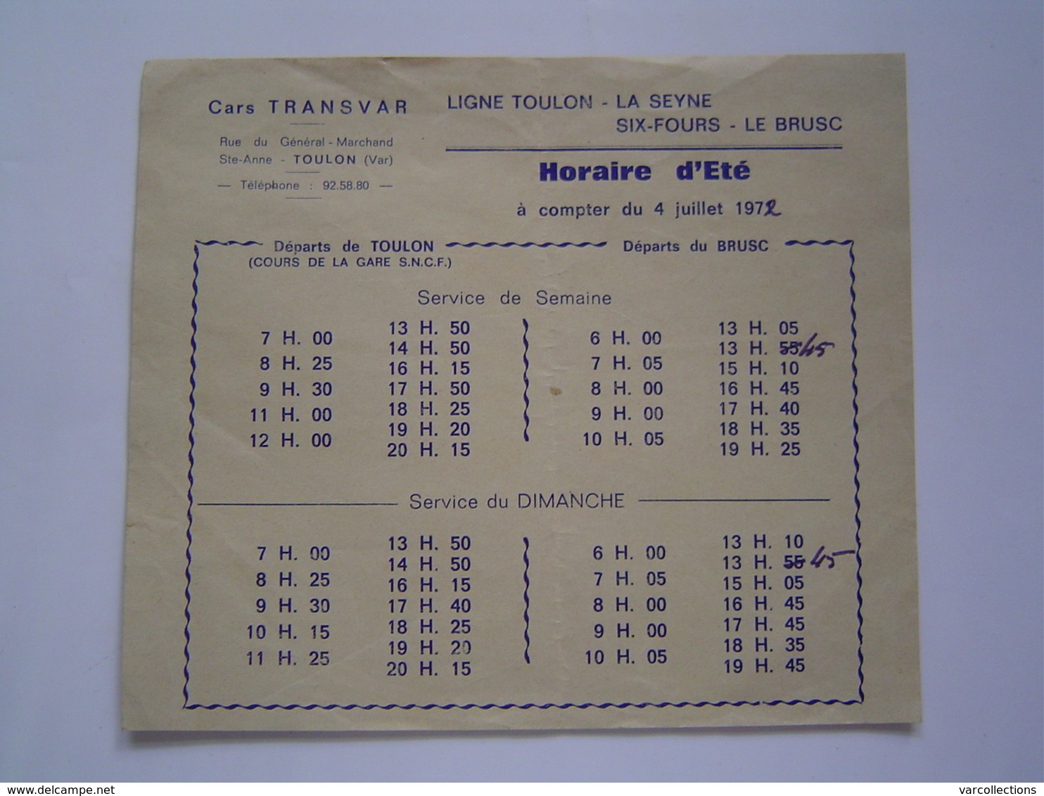 HORAIRES Ancien :  CARS TRANSVAR / TOULON - LE BRUSC / SIX FOURS / VAR 1972 - 1950 - ...