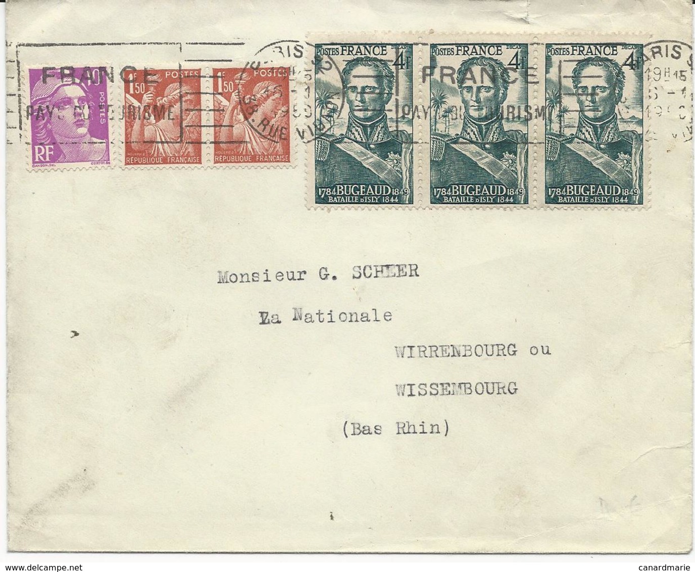 LETTRE 1950  AVEC 6 TIMBRES BUGEAUD / IRIS / GANDON - 1921-1960: Periodo Moderno