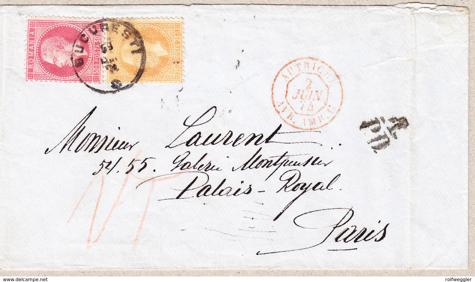 1874 25 +50b. Auf Gefaltenem Brief; Bukarest-Paris, Posttaxe In Frankreich Aberkannt U. Mit "25" Nachgefordert - 1858-1880 Moldavie & Principauté