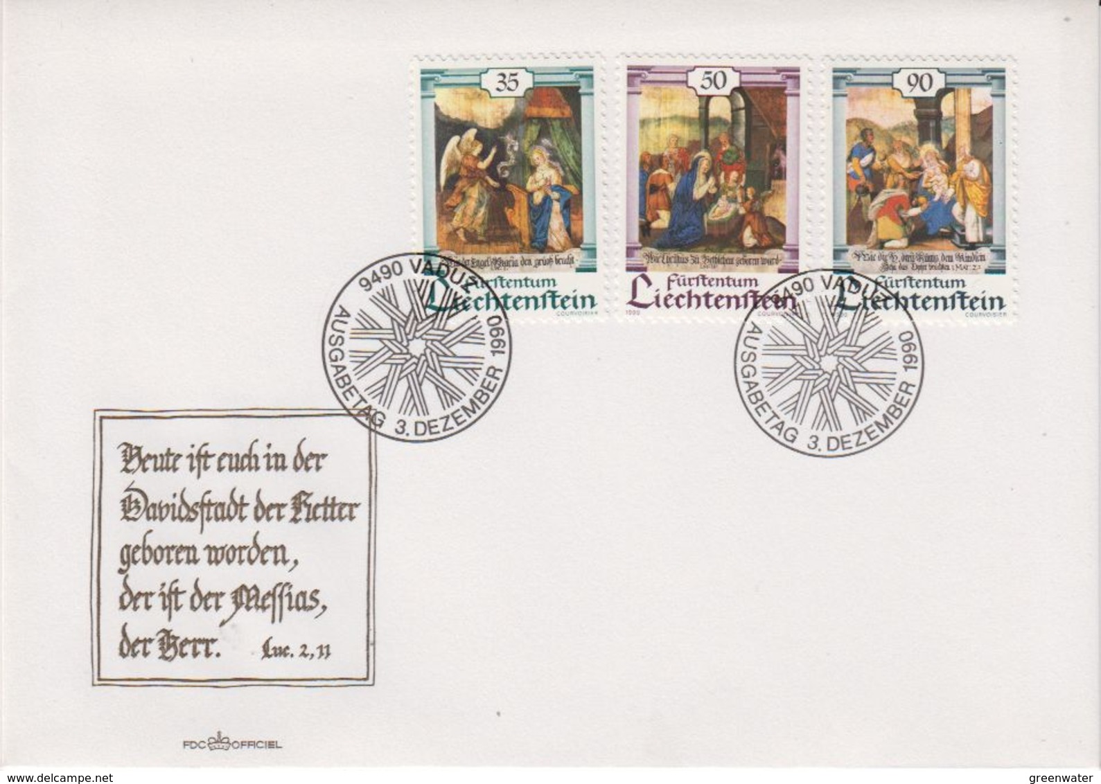 Liechtenstein 1990 Christmas / Weihnachten 3v FDC (43880) - FDC