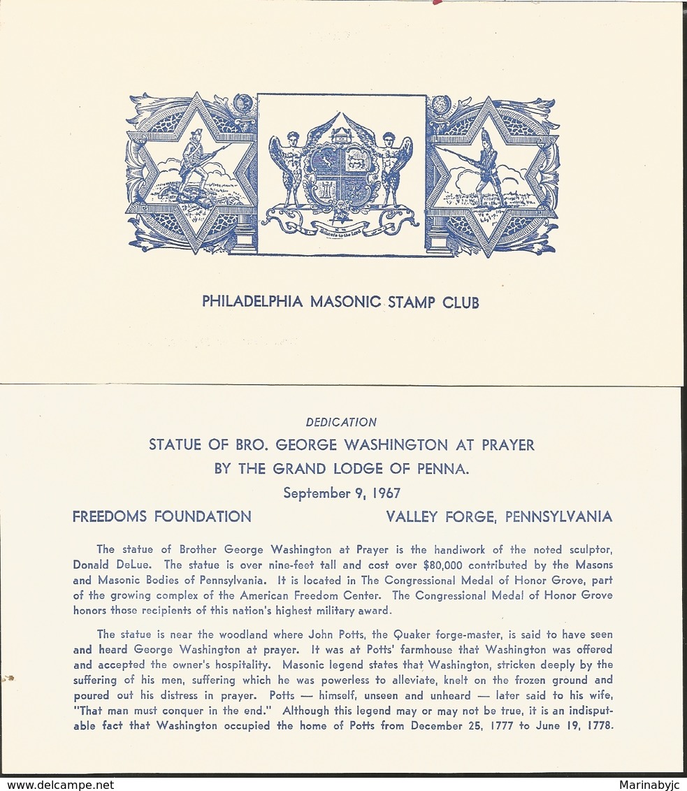 J) 1967 UNITED STATES, STATUTE OF BROTHER GEORGE WASHINGTON AT PRAYER BY THE GRAND LODGE OF PENNA, FREEDOMS FOUNDATION, - Other & Unclassified