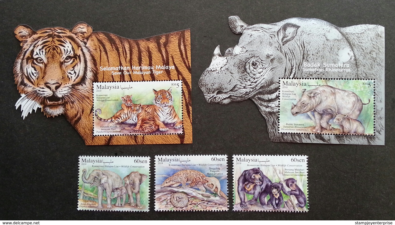 Malaysia Wildlife Conservation 2019 Tiger Rhino Bear Elephant Fauna (stamp + Ms) MNH *metallic *odd Shape *unusual - Malaysia (1964-...)