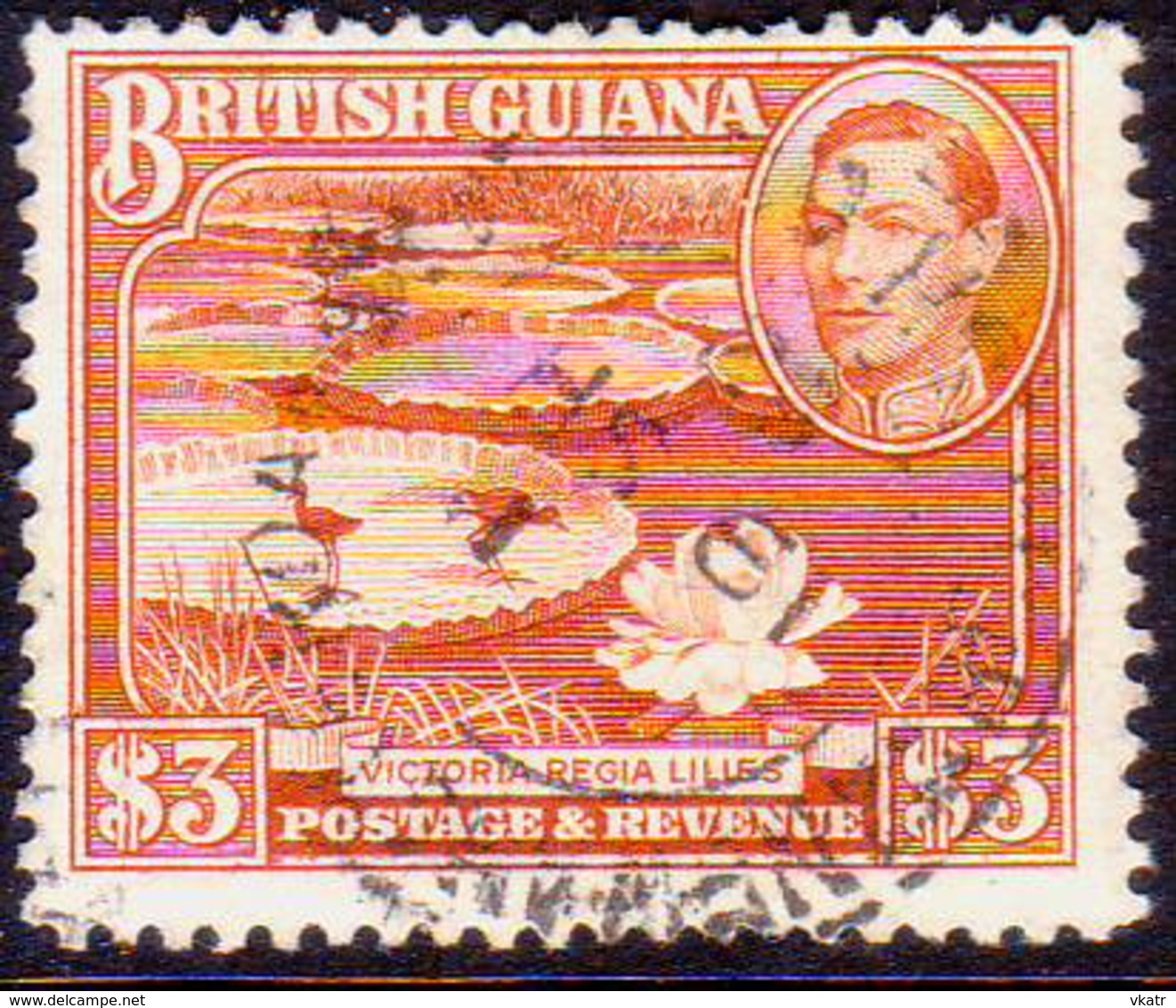 BRITISH GUIANA 1946 SG 319a $3 Used Perf. 12½ CV £32 Bright Red-brown - Britisch-Guayana (...-1966)