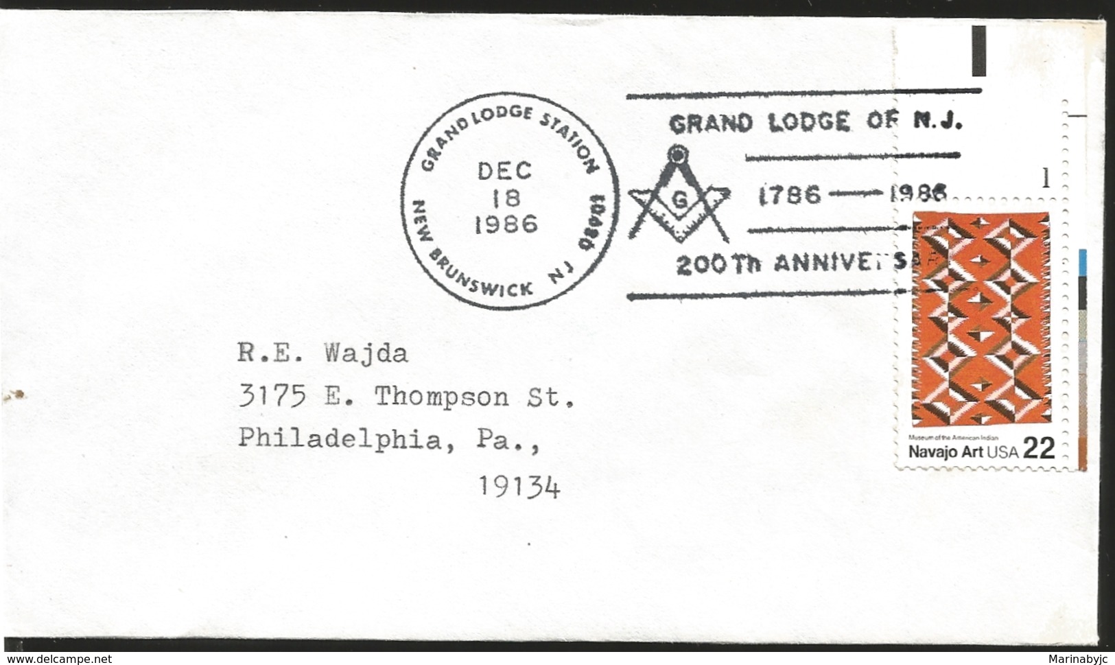 J) 1986 UNITED STATES, MASON GRAND LODGE STATION, 200TH ANNIVERSARY, MUSEUM OF THE AMERICAN INDIAN, CIRCULATED COVER, TO - Sonstige & Ohne Zuordnung