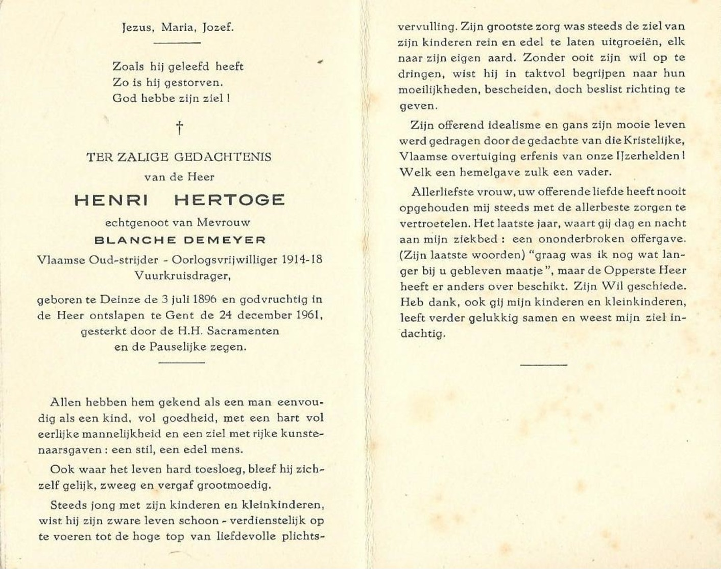 Doodsprentje Van Henri HERTOGE- °DEINZE 1896- * GENT 1961- Vlaamse Oud-strijder 1914-18 - Religion & Esotérisme