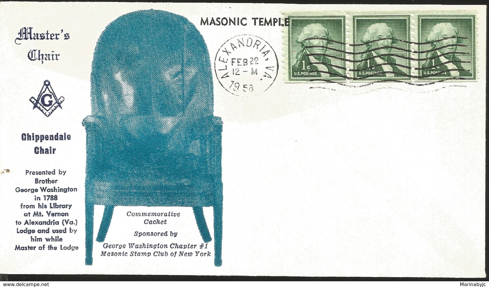 J) 1958 UNITED STATES, MASONIC TEMPLE, MASTER CHAIR, CHIPPENDALE CHAIR PRESENTED BY BROTHER GEORGE WASHINGTON IN 1788 FR - Other & Unclassified