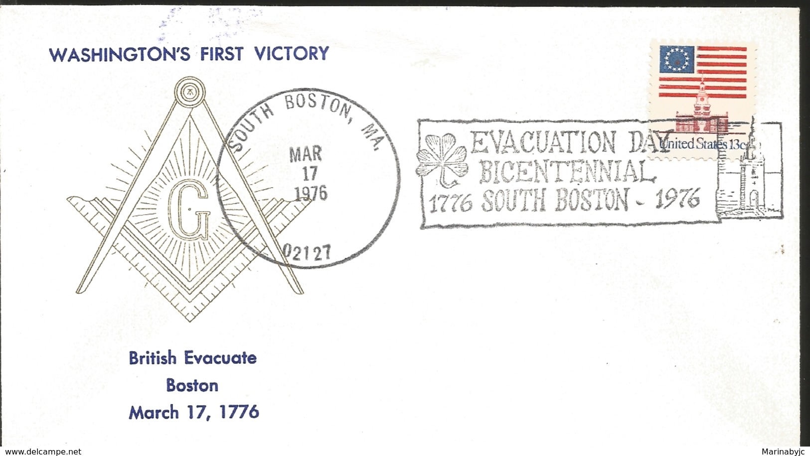 J) 1976 UNITED STATES, WASHIGTON FIRST VICTORY, EVACUATION DAY BICENTENNIAL 1776 SOUTH BOSTON 1976, MASONIC GRAND LODGE - Other & Unclassified