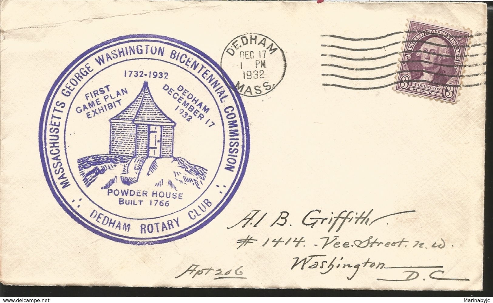 J) 1932 UNITED STATES, MASSACHUSETTS GEORGE WASHINGTON BICENTENNIAL COMMISSION, DEDHAM ROTARY CLUB, BLUE CANCELLATION, W - Other & Unclassified