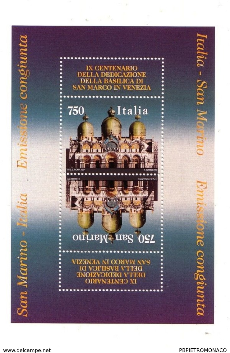 Foglietto Italia IX Centenario Basilica San Marco 1994 Em.cong.ITA SMARINO - Blocchi & Foglietti