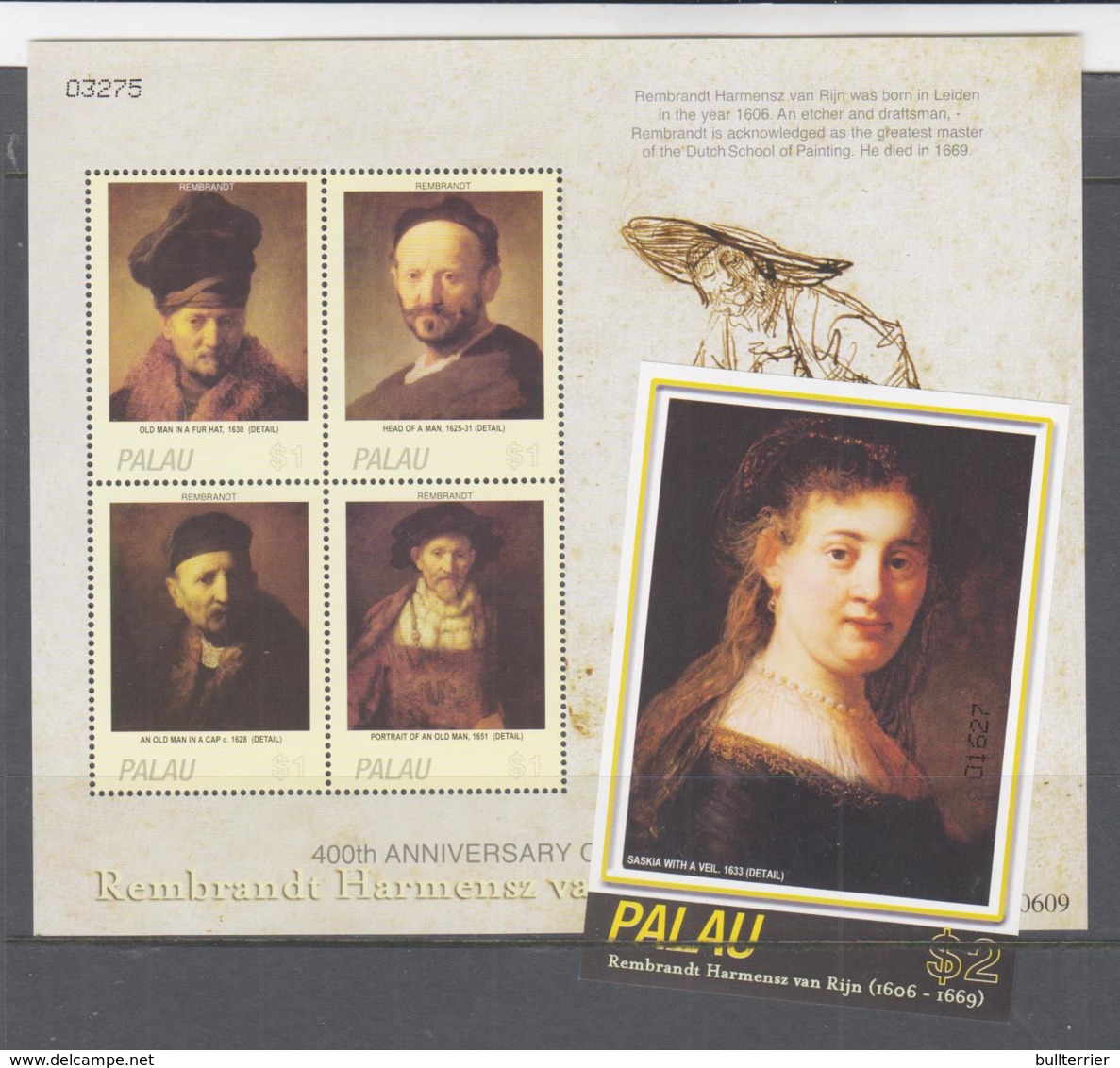 PAINTINGS - PALAU - 2006 - REMBRANDT SHEETLET OF 4 + SOUVENIR SHEET MINT NEVED HINGED SG £18+ - Rembrandt