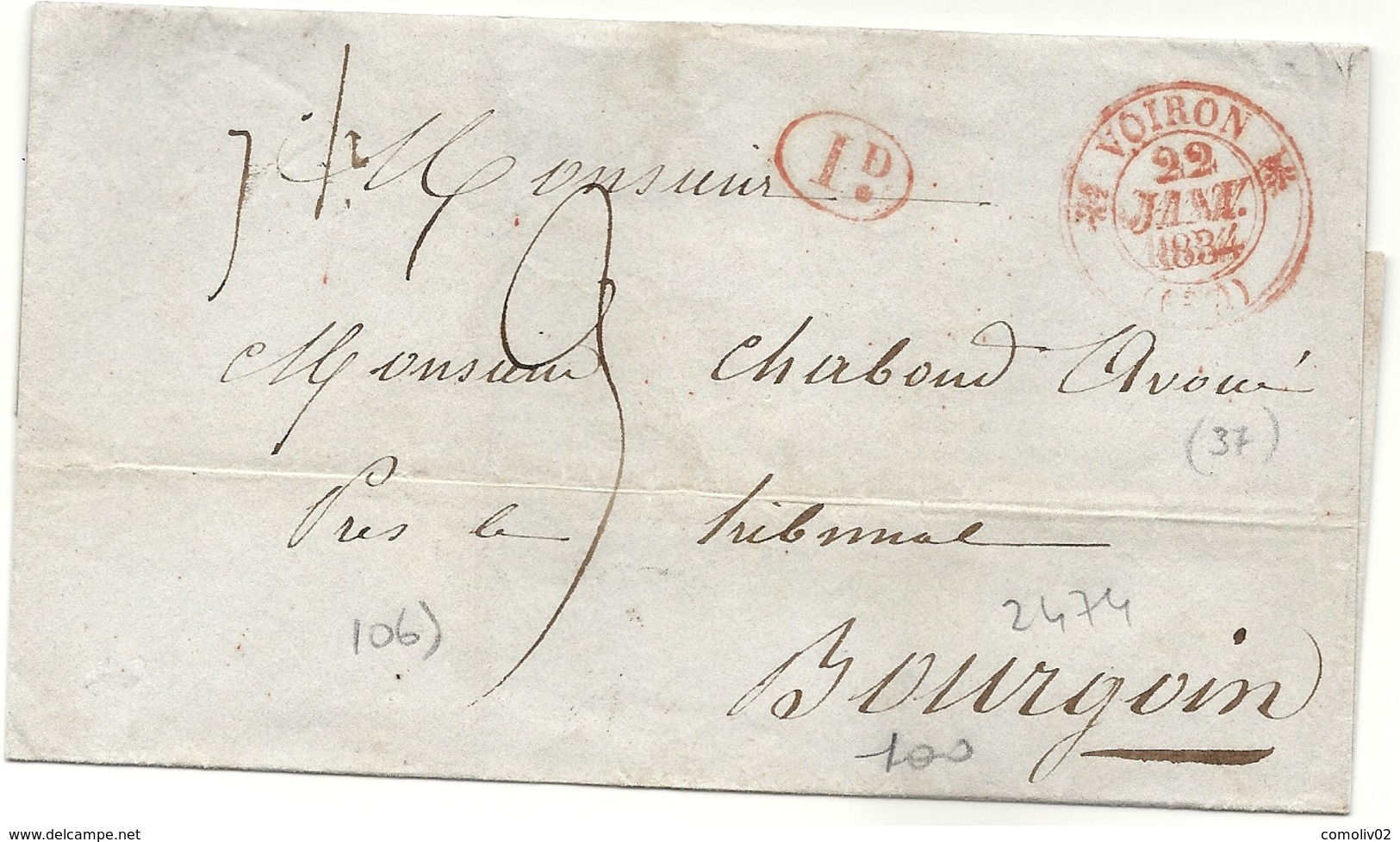 Isère - Voiron Pour Bourgoin. CàD Type 12 Rouge + 1d Rouge. 1834 - 1801-1848: Voorlopers XIX