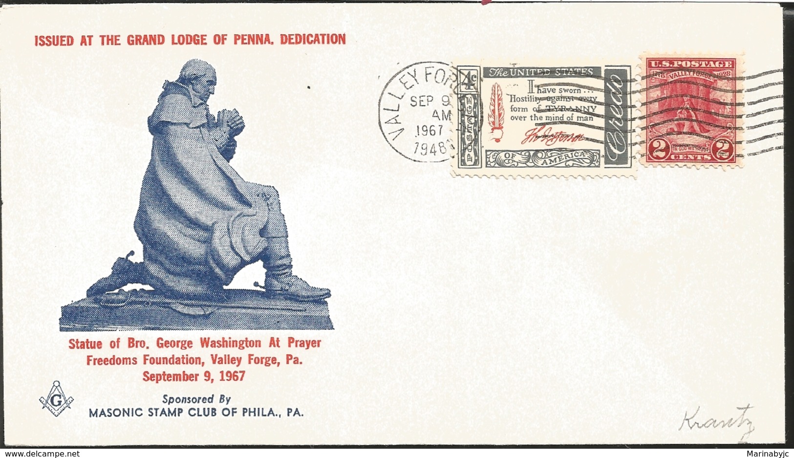 J) 1967 UNITED STATES, ISSUE AT THE GRAND LODGE OF PENNA DEDICATION, STATUTE OF BROTHER GEORGE WASHINGTON AT PRAYER FREE - Autres & Non Classés