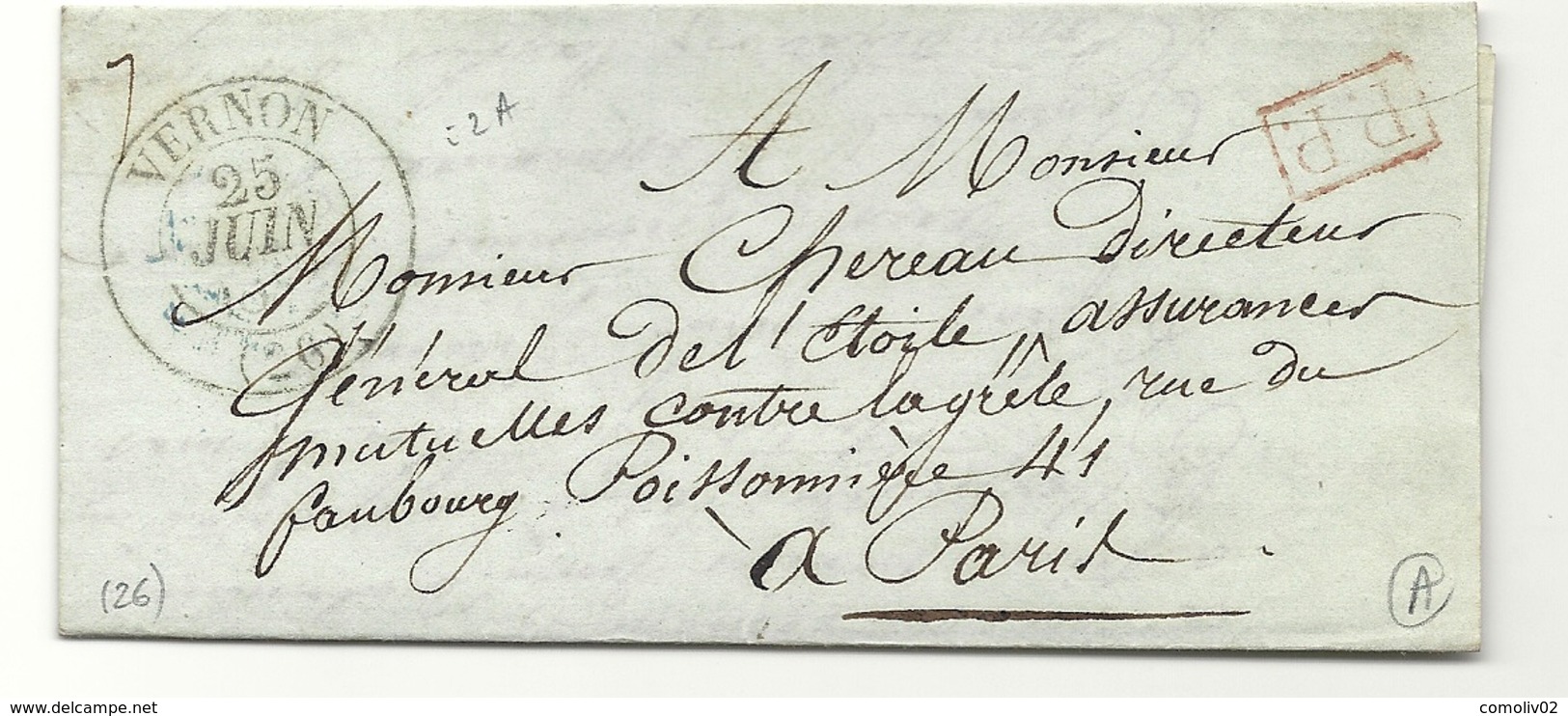 Eure - Vernon Pour Paris. LAC De 1842 En Port Payé - 1801-1848: Precursors XIX