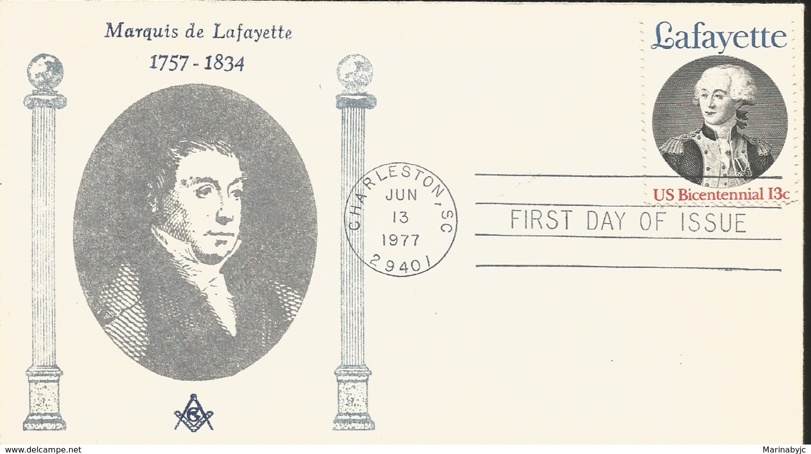 J) 1977 UNITED STATES, BICCENTENNIAL MARQUIS DE LAFAYETTE, MASONIC GRAND LODGE, FDC - Other & Unclassified