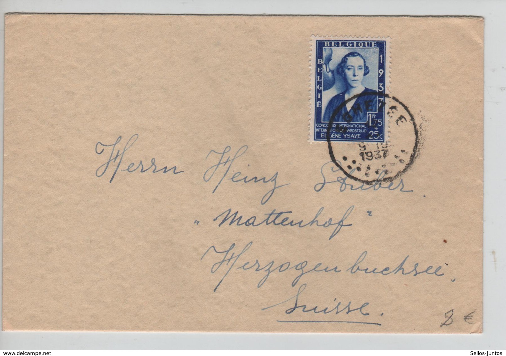 SJ155/ TP 457 Reine Elisabeth Surtaxe S/L. C.Eghezée 1937 > Suisse Verso Vignette Globus - Covers & Documents