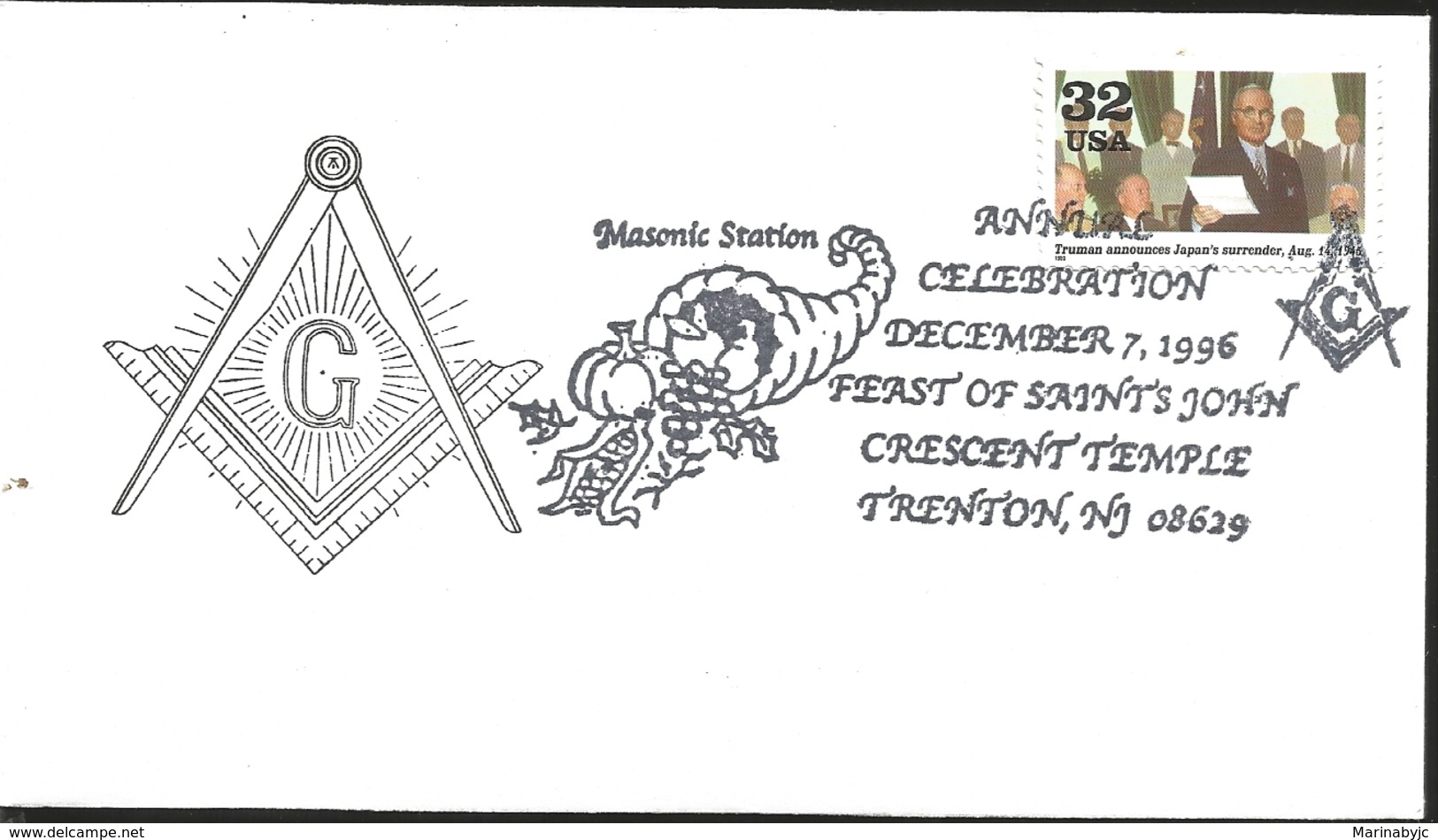 J) 1996 UNITED STATES, MASONIC STATION, ANNUAL CELEBRATION DECEMBER 7 1996 FEAST OF SAINT JOHN CRESCENT TEMPLE TRENTON, - Andere & Zonder Classificatie