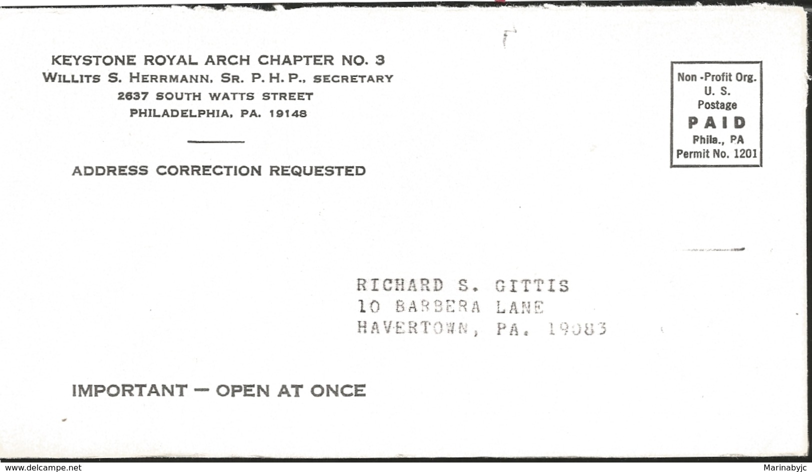 J) 1983 UNITED STATES, KEYSTONE ROYAL ARCH CHAPTER, IMPORTANT OPEN AT ONCE, CIRCULATED COVER, FROM PHILADELPHIA TO HAVER - Andere & Zonder Classificatie