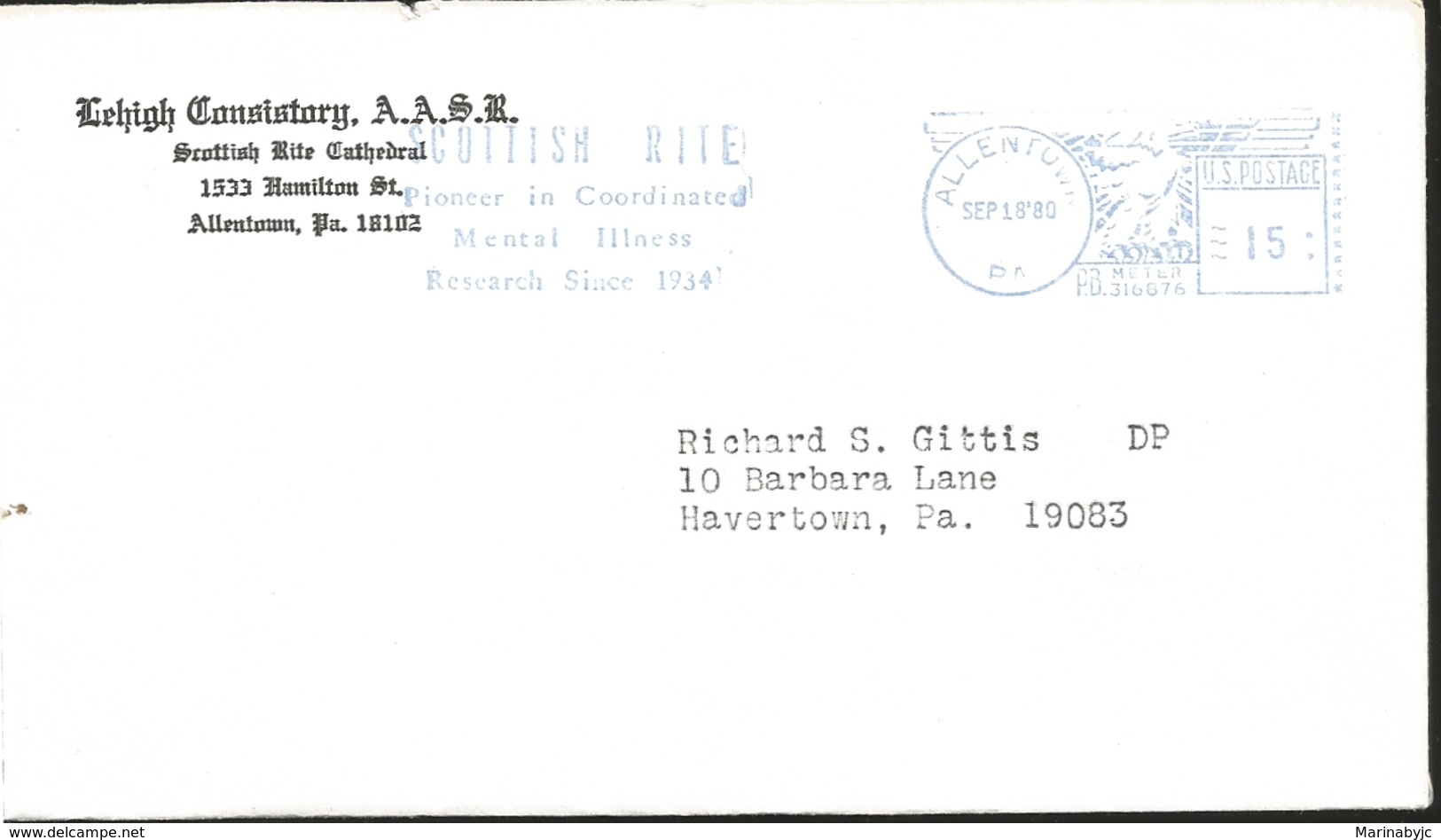 J) 1934 UNITED STATES, METTER STAMPS, PURPLE CANCELLATION, LEHIGH CONSISTORY, CIRCULATED COVER, FROM ALLENTOWN TO HAVERT - Machine Labels [ATM]