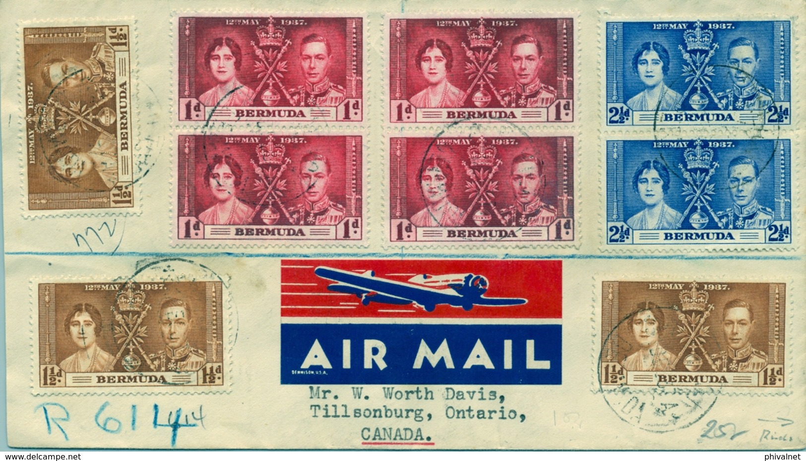 1938   BERMUDA , SOBRE CERTIFICADO , HAMILTON - TILLSONBURG ( ONTARIO ) , TRÁNSITOS BUFFALO , LONDON , FT. ERIE , LLEGAD - Bermuda