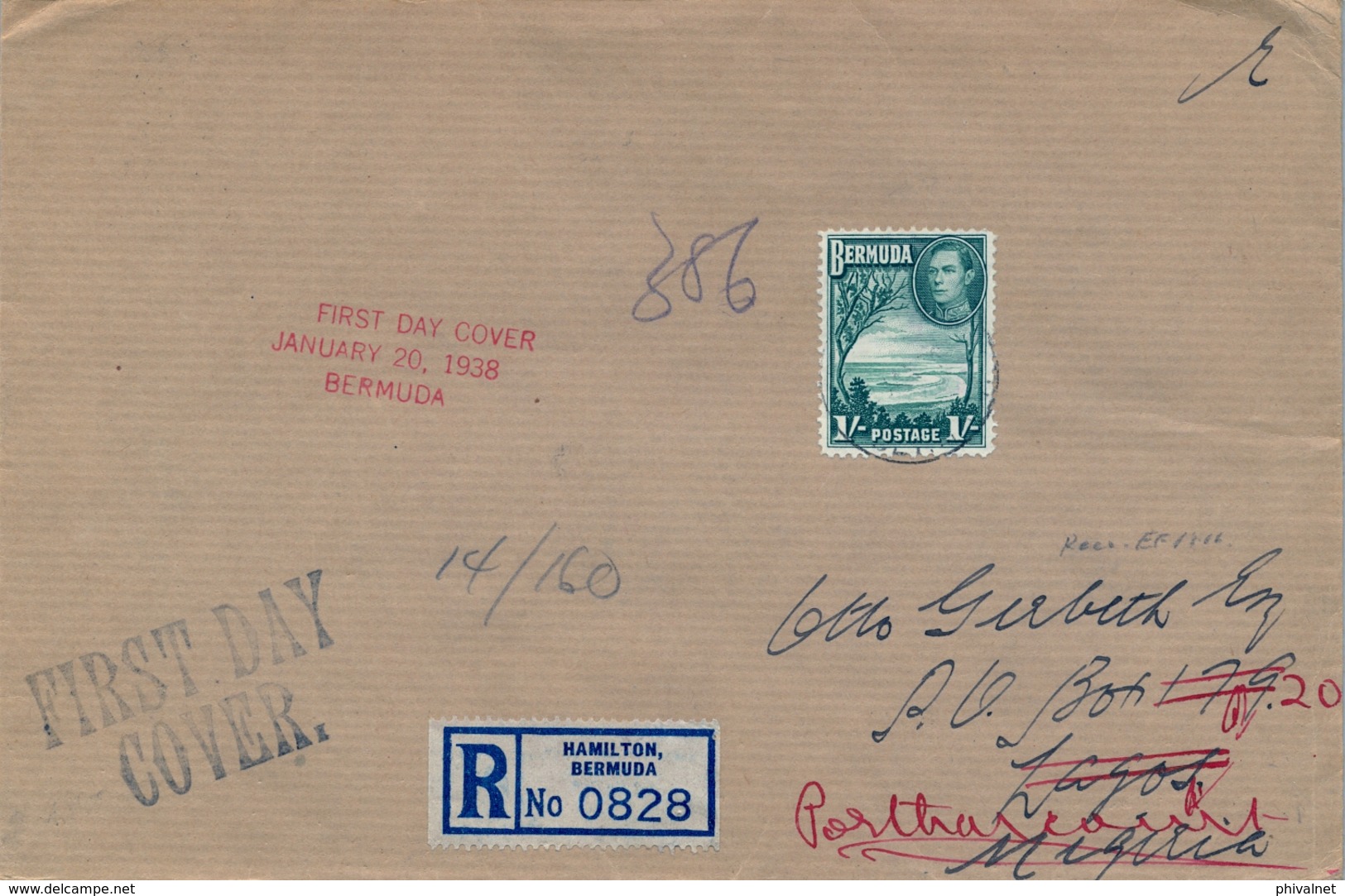 1938   BERMUDA , CERTIFICADO , PRIMER DIA , HAMILTON - LAGOS , REDIRIGIDO A PORT HARCOURT ( NIGERIA ) , YV. 113 - Bermudas