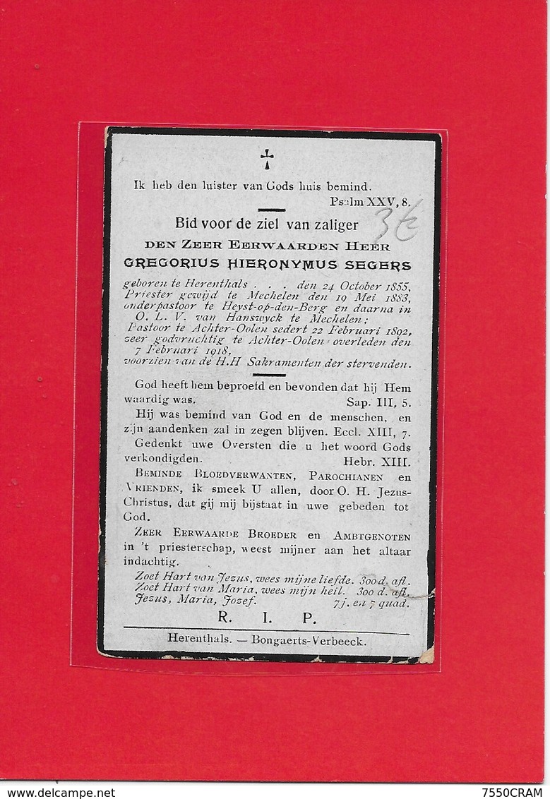 PASTOOR-HEER GREGORIUS HIERONYMUS SEGERS: -HERENTALS-MECHELEN-HEIST OP DEN BERG-ACHTER-OOLEN-OLEN - Todesanzeige