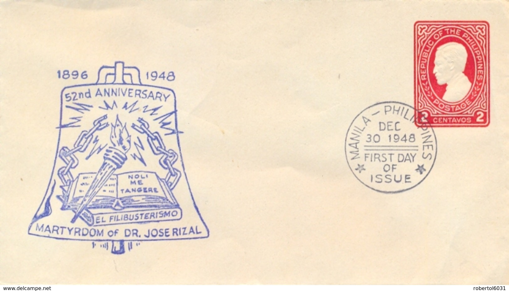 Philippines 1948 FDC Postal Stationery Envelope 2 C. José Rizal - Filippine