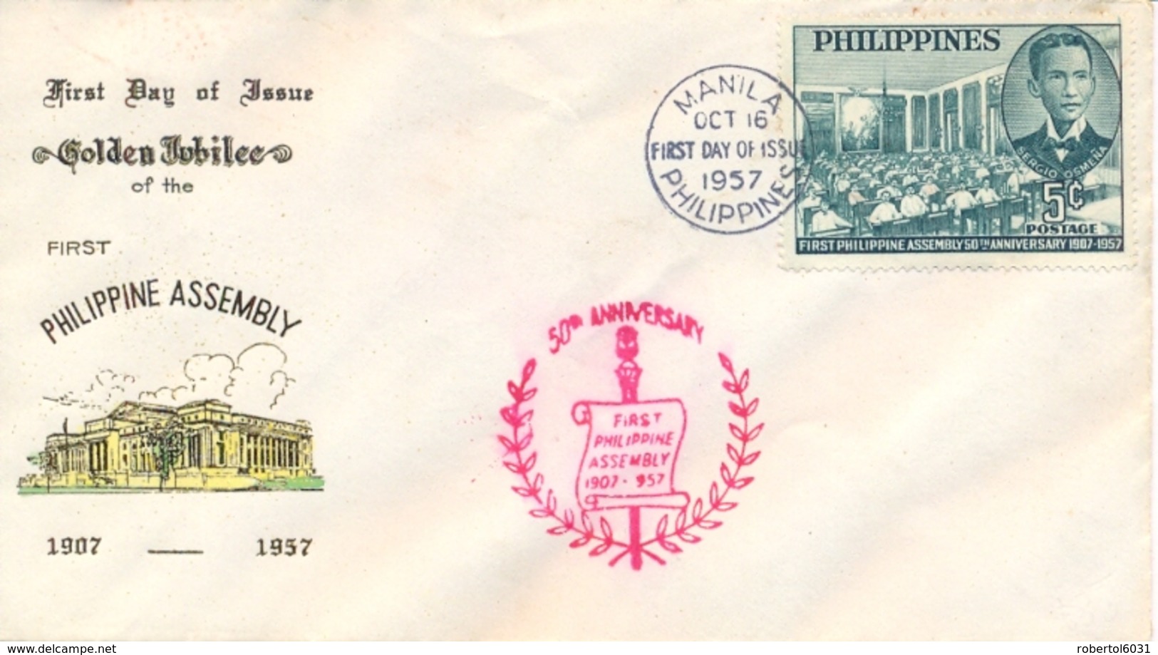 Philippines 1957 FDC 50th Anniversary First Philippine Assembly - Filippine
