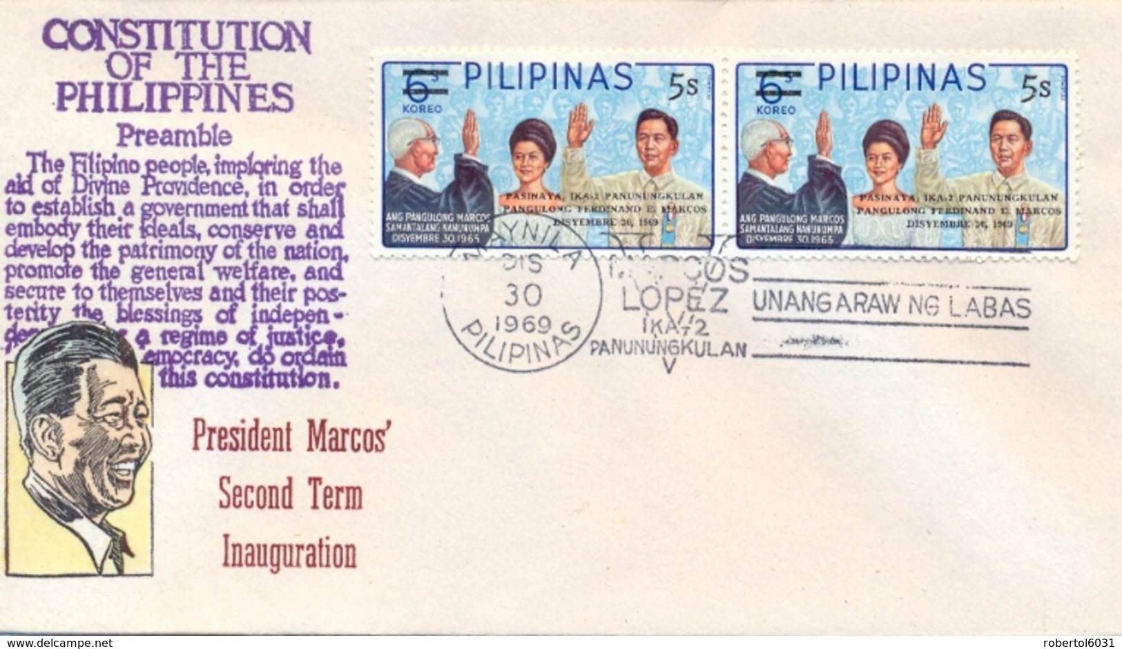 Philippines 1969 FDC 6 S. Surcharged 5 S. Inauguration Of 2nd Term Of President Marcos - Filippine