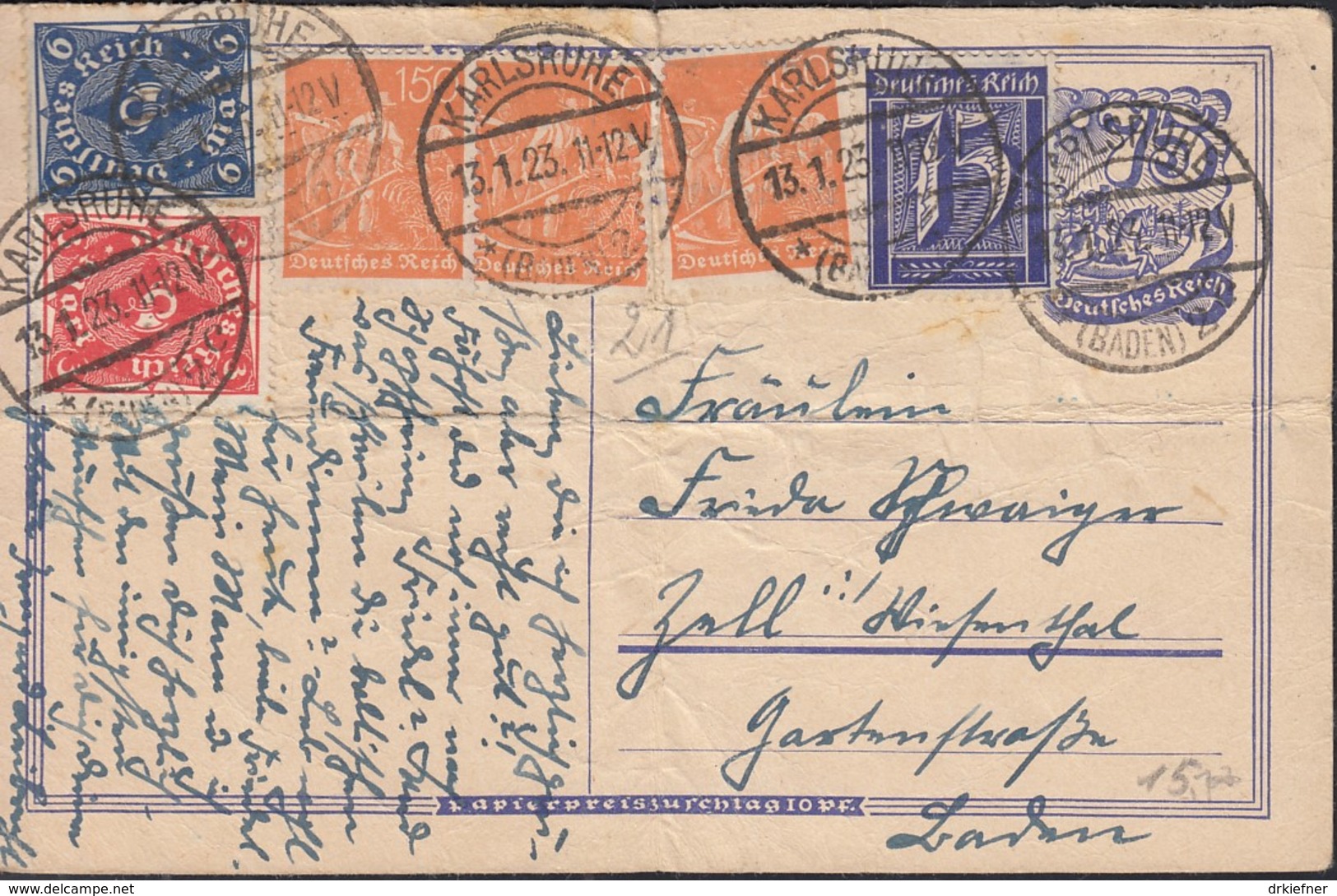 INFLA  DR P 147 A + ZFr. 185, 3x 189, 225, 228 P, Postreiter, Gestempelt: Karlsruhe 13.1.1923 - Sonstige & Ohne Zuordnung