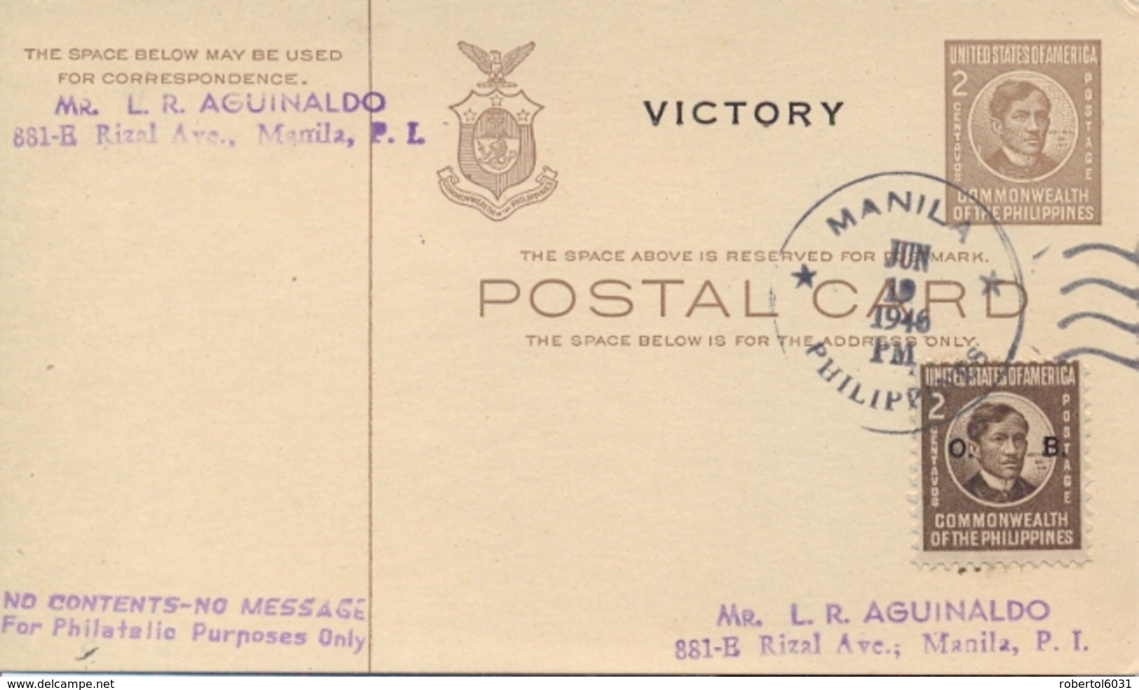 Philippines 1946 Postal Stationery Postcard 2 C. Overprinted VICTORY + Official Stamp 2 C. O. B. From/to Manila - Filippine