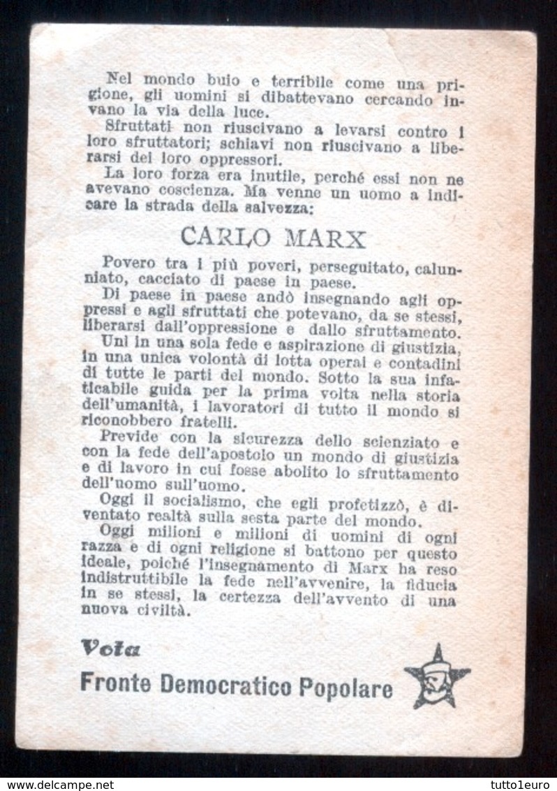 VOTAZIONI POLITICHE DEL 1948 - IMMAGINETTA DI PROPAGANDA DEL FRONTE DEMOCRATICO POPOLARE CON KARL MARX - Pubblicitari