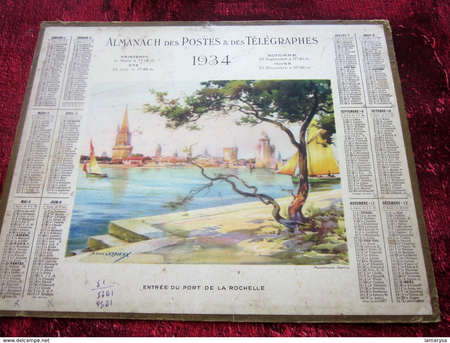 1934 ALMANACH ENTRÉE DU PORT DE LA ROCHELLE Calendrier Grand Format : 1921-40 POSTES TÉLÉPHONES TÉLÉGRAMMES - Grand Format : 1921-40