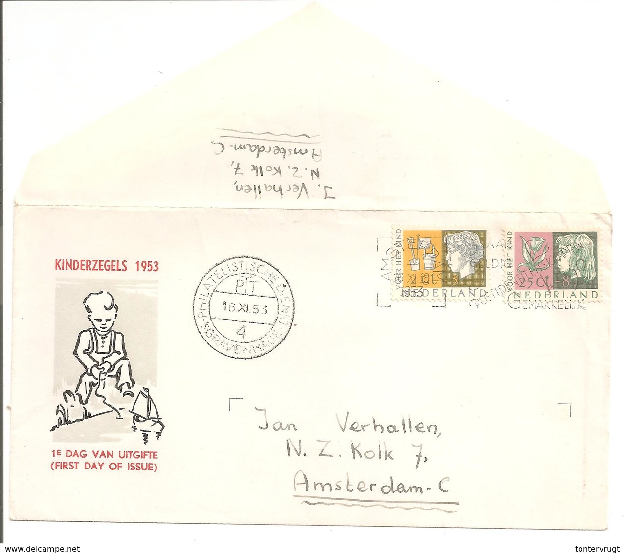 E15 Kind 1953 NVPH 612 + 616 Stempel Filatelistische Dienst + Amsterdam - FDC