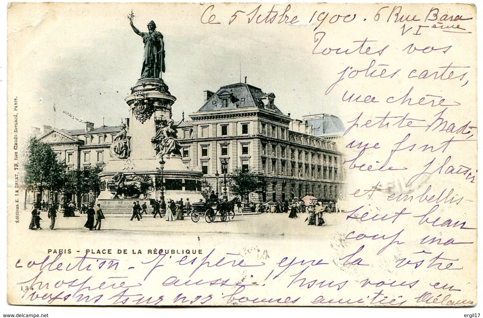 75010 PARIS - Place De La République - Jolie Petite Carte 1900 - Arrondissement: 10