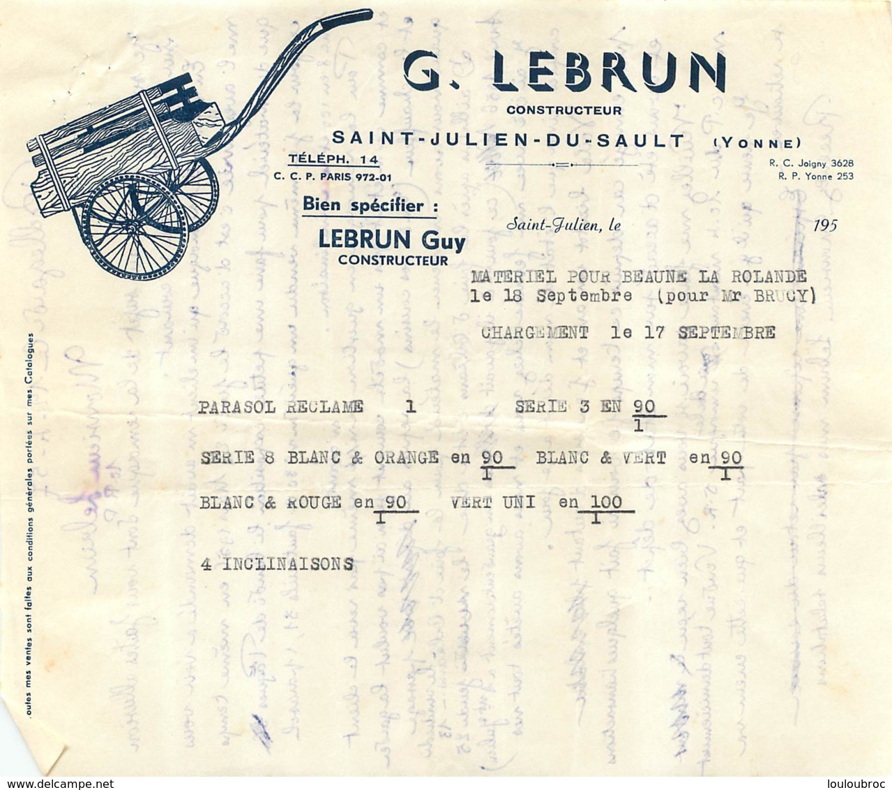 DOCUMENT COMMERCIAL 1950 LEBRUN GUY CONSTRUCTEUR DE REMORQUE A SAINT JULIEN DU SAULT YONNE - 1950 - ...