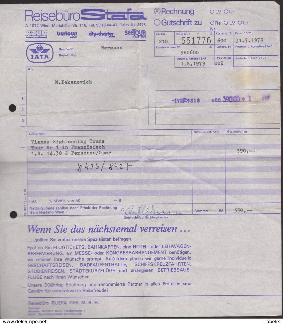 ÖSTERREICH - WIEN - 1979 - Reiseburo Stafa-Rechnung Fur Vienna Sightseeing Tours - Oostenrijk