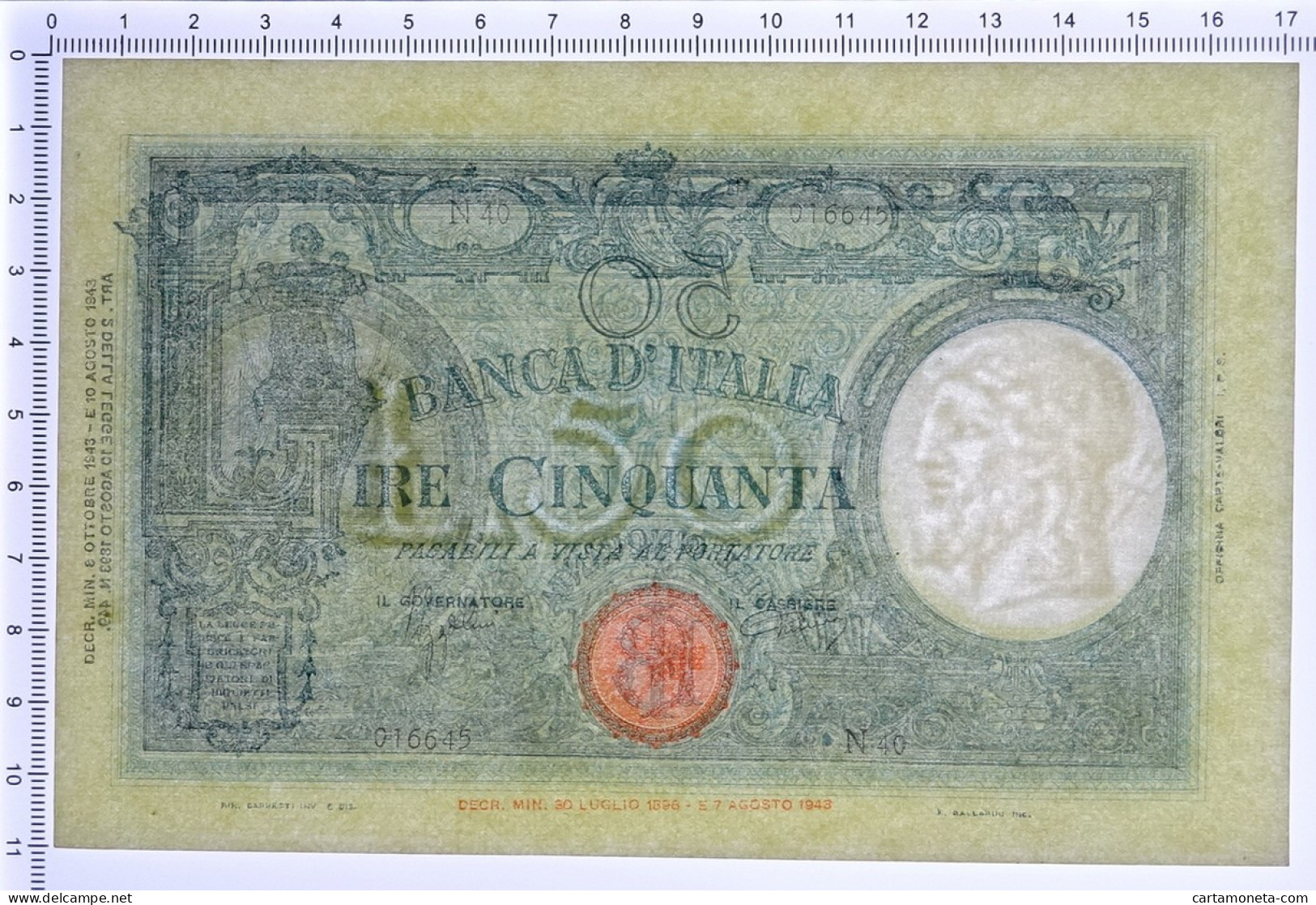 50 LIRE BARBETTI GRANDE L SENZA MATRICE BI RSI 08/10/1943 SUP - Regno D'Italia – Autres