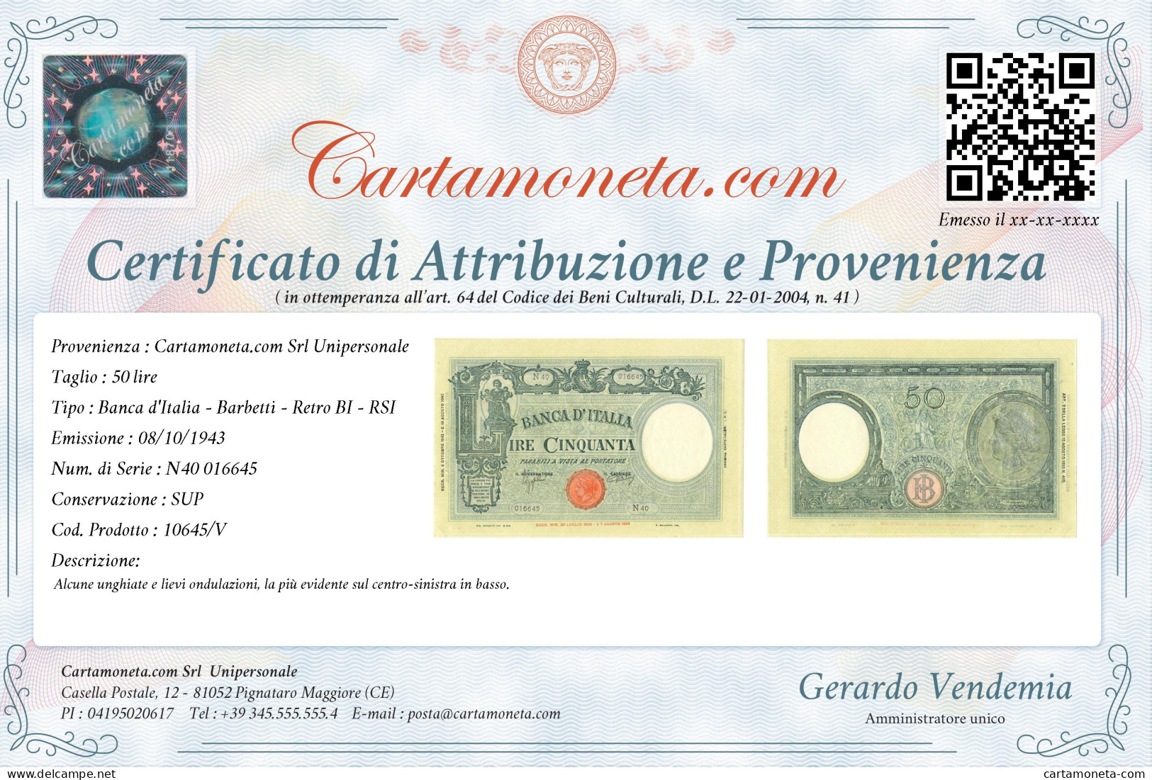 50 LIRE BARBETTI GRANDE L SENZA MATRICE BI RSI 08/10/1943 SUP - Regno D'Italia – Autres