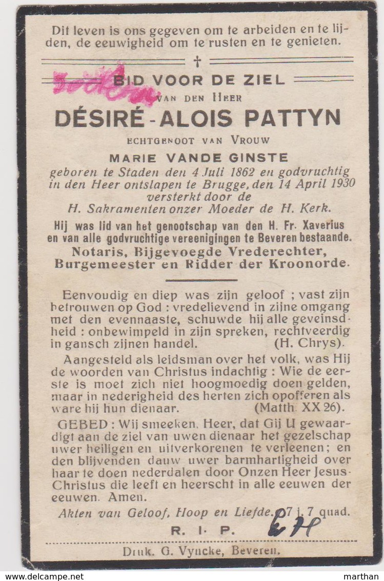 DOODSPRENTJE PATTYN DéSIRé ECHTGENOOT VANDE GINSTE STADEN BRUGGE (1862 - 1930) - Santini