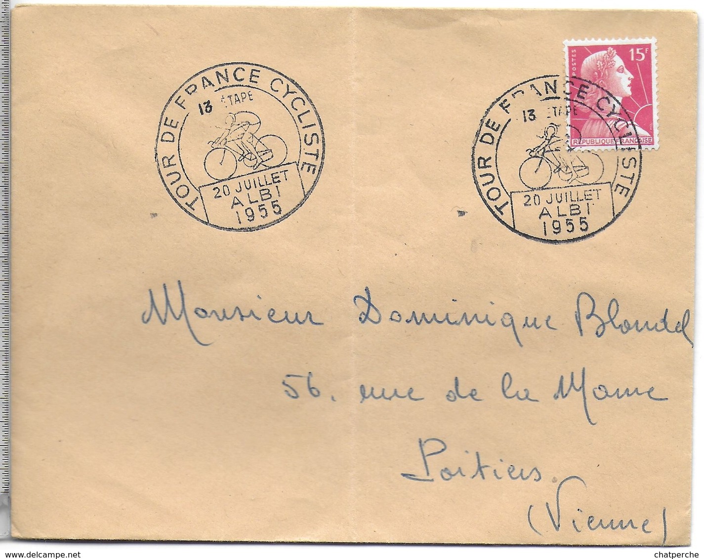 SPORT CYCLISME CACHET POSTAL ETAPE TOUR DE FRANCE 20 JUILLET 1955 VILLE ALBI - Cyclisme