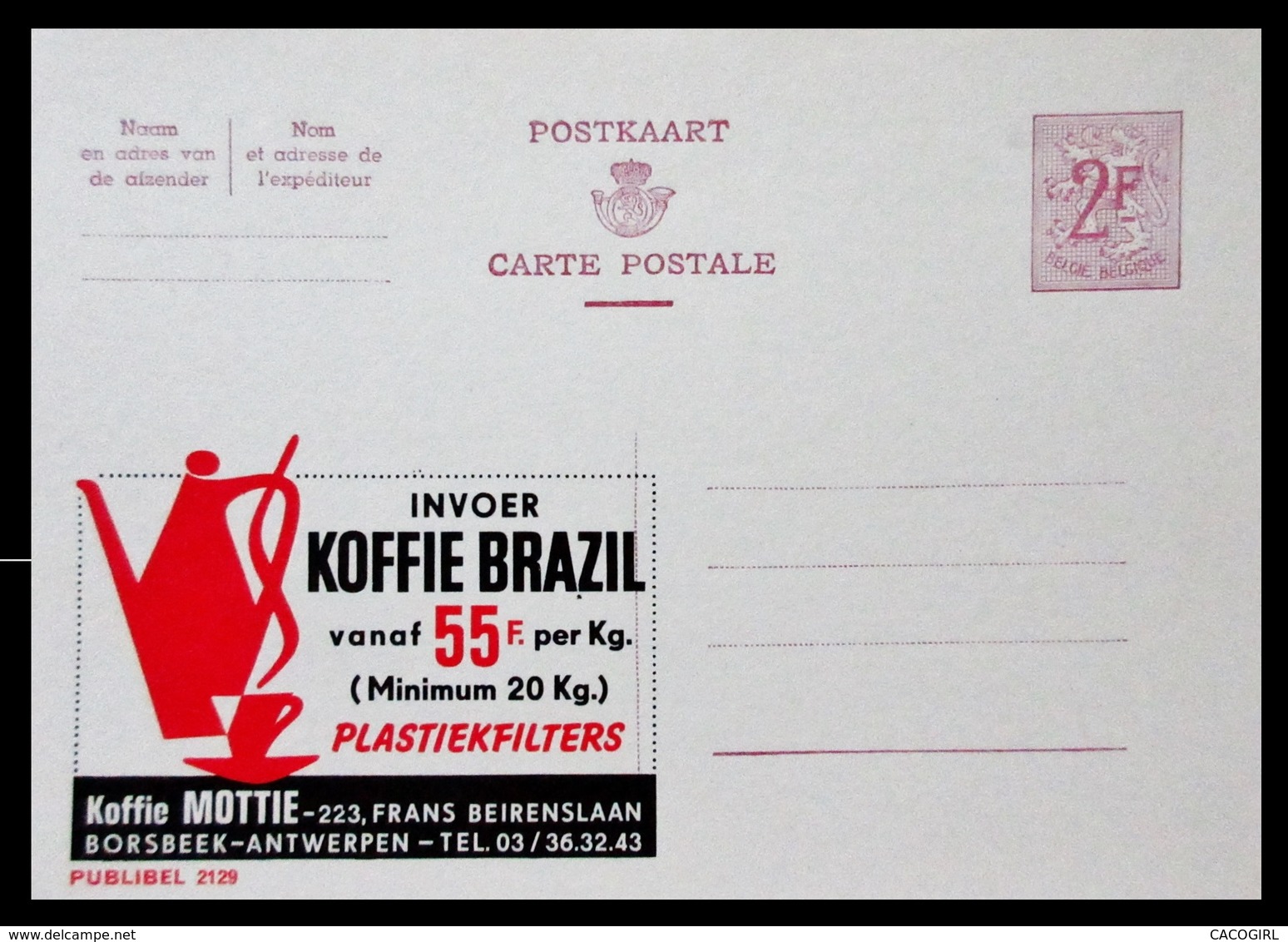 BELGIQUE ENTIER CP PUBLIBEL N° 2129 .KOFFIE BRAZIL . BORSBEEK - ANTERPEN   . NEUF - Publibels