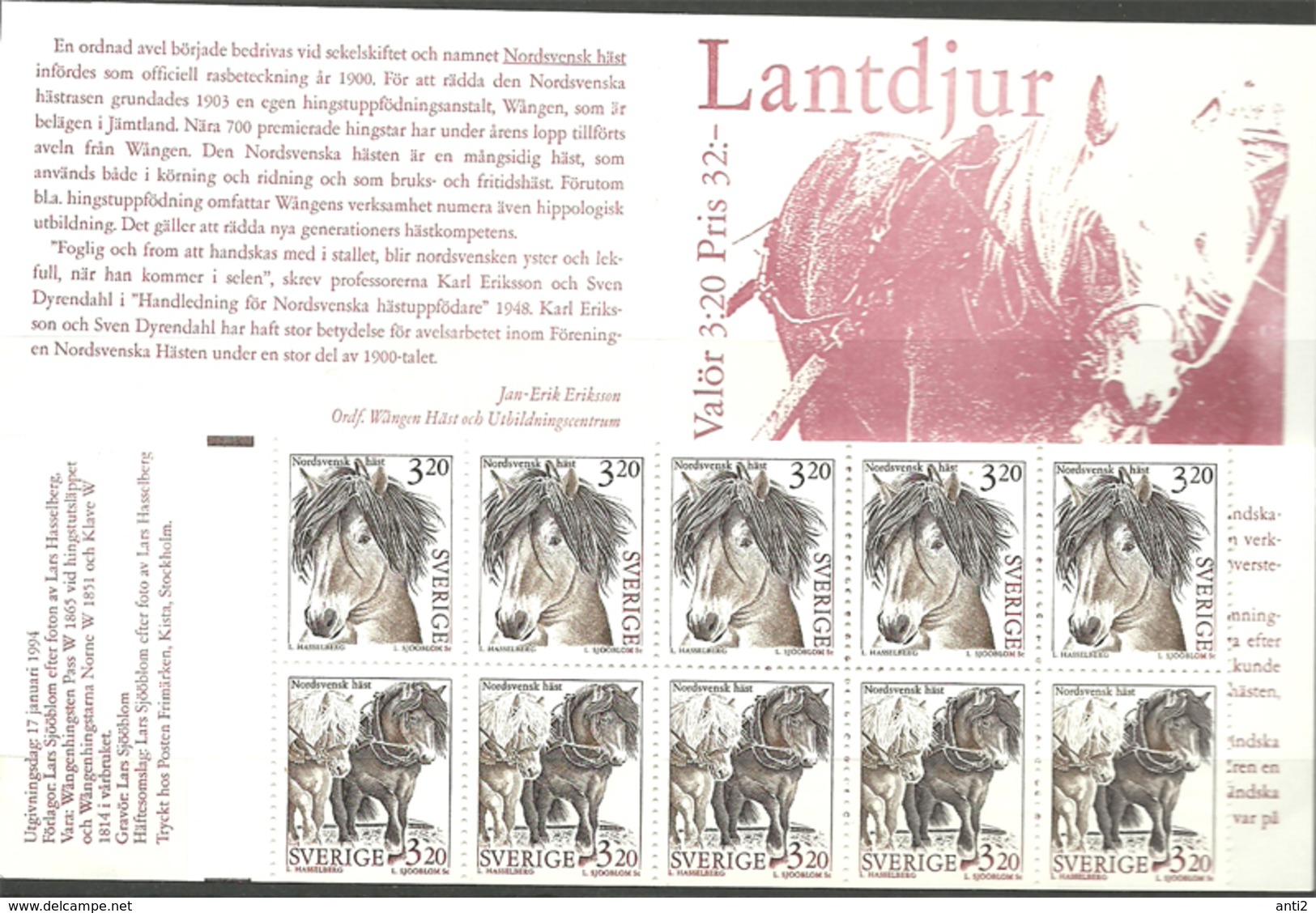 Sweden 1994 Farm Animals Northern Swedish Horses Mi 1804-1805 In Booklet MH 188, MNH(**) - Ungebraucht