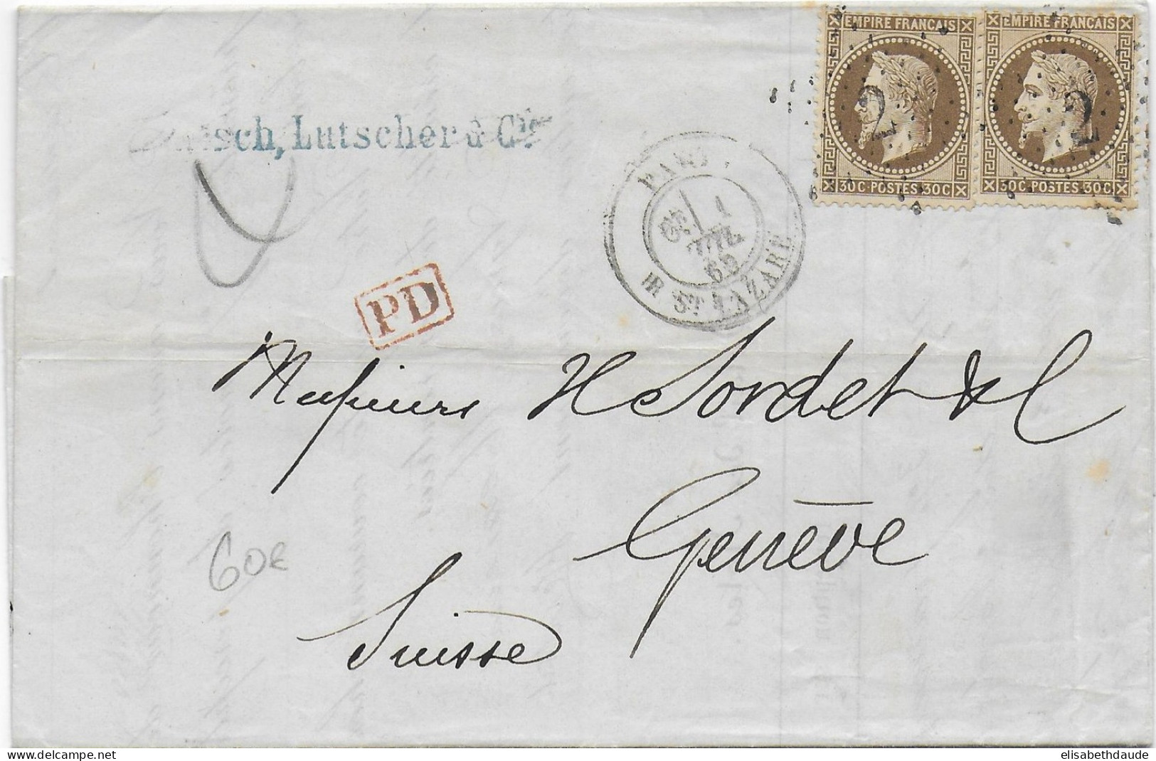 1869 - EMPIRE LAURE 30c En PAIRE Sur LETTRE De PARIS => GENEVE (SUISSE) - 1863-1870 Napoléon III Lauré