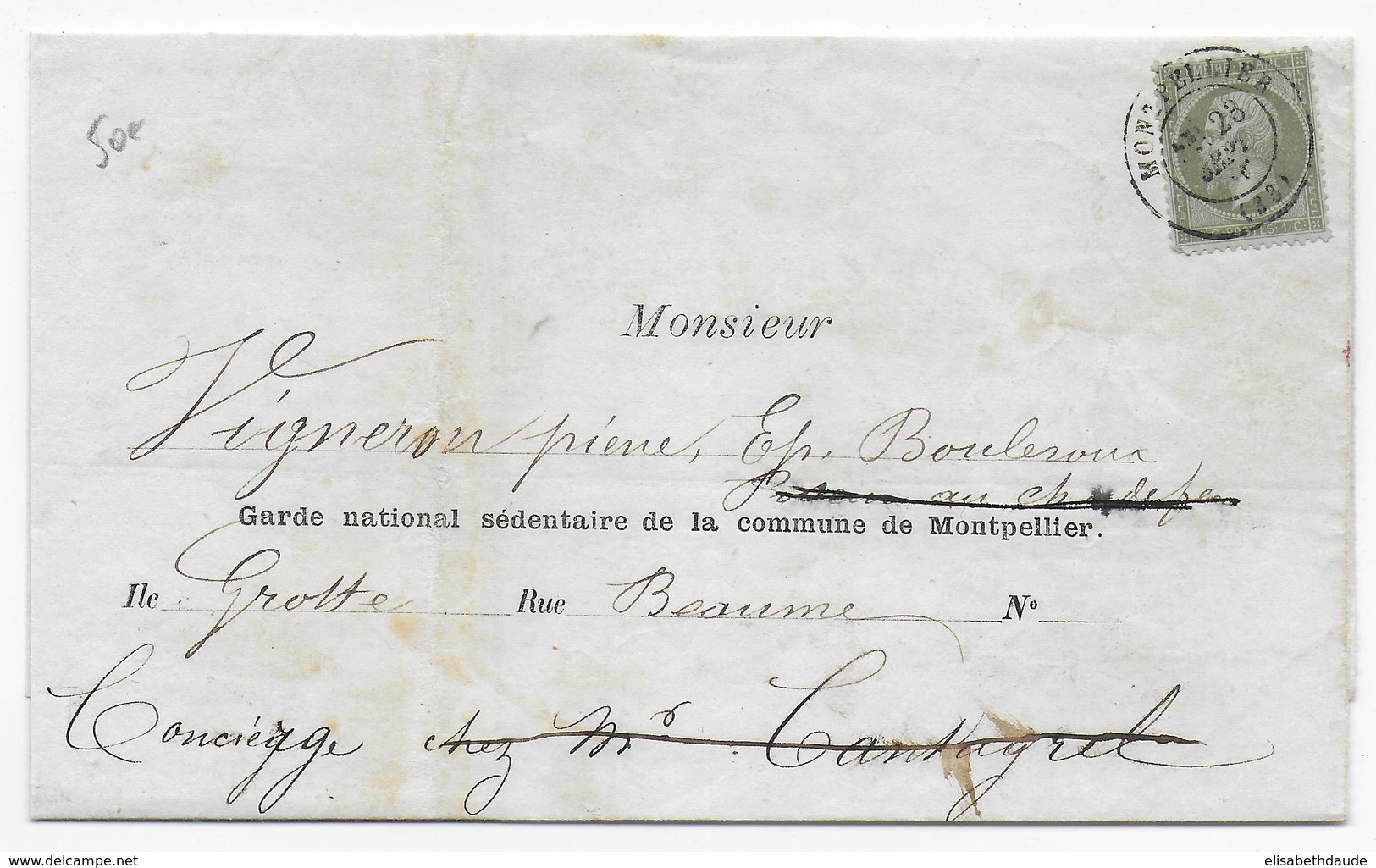 SEPT 1870 ? - 1c EMPIRE SEUL Sur LETTRE De PARIS => GARDE SEDENTAIRE De MONPELLIER (HERAULT) - PLUSIEURS RECHERCHES - Oorlog 1870