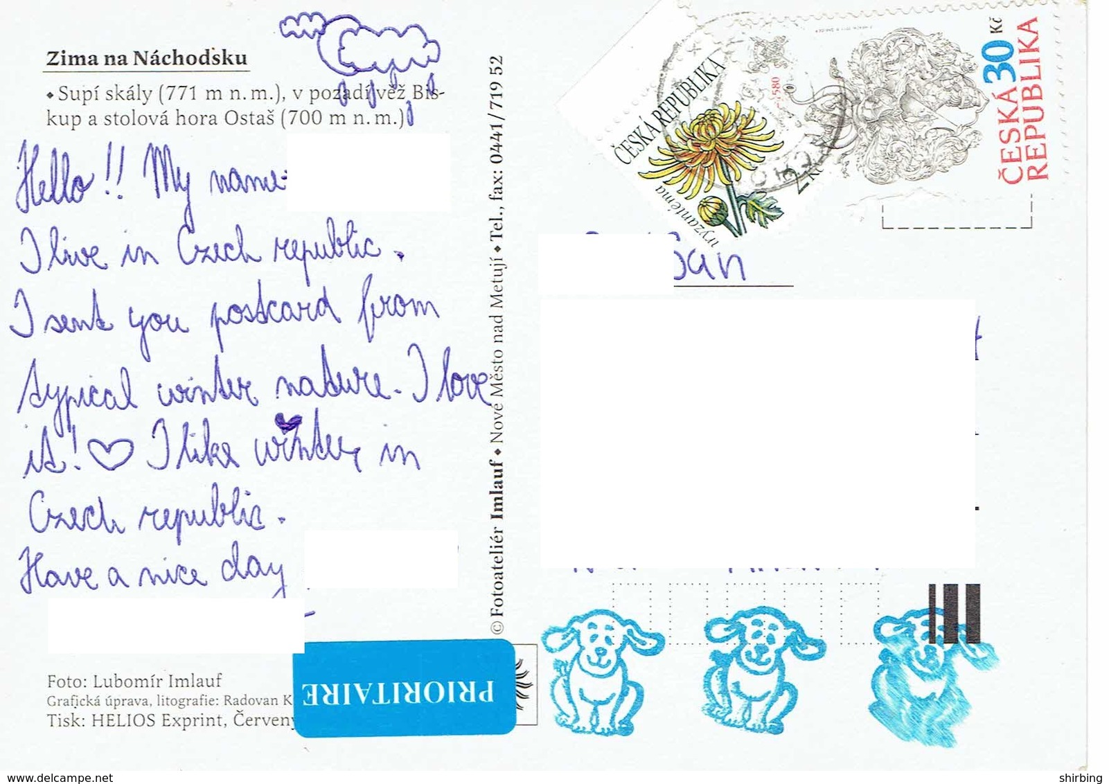 25C : Czech Republic Emblem And Flower Stamp Used On Supi Skaly Winter Postcard - Covers & Documents