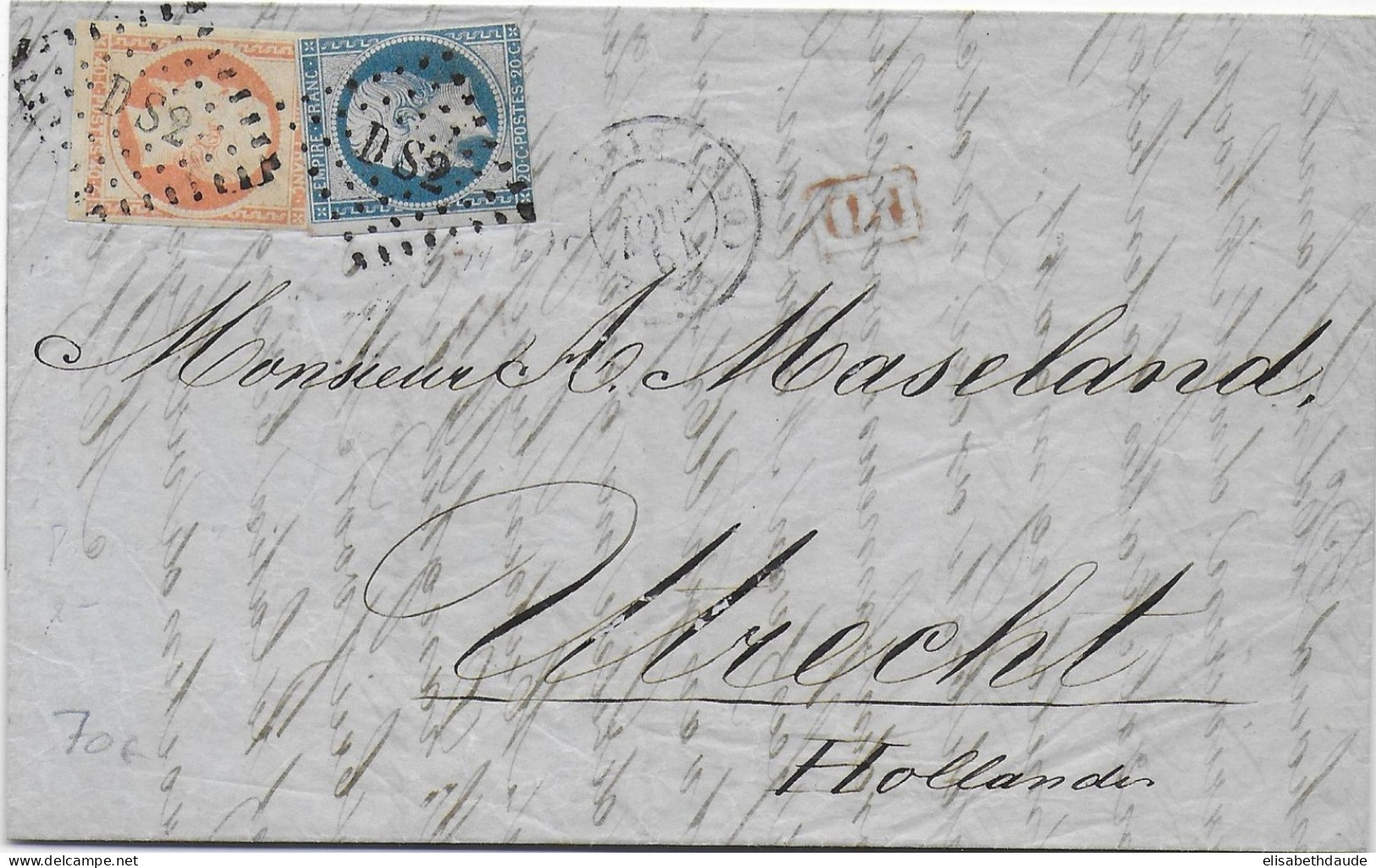 1854 - EMPIRE 40c + 20c NON DENTELES Sur LETTRE De PARIS => UTRECHT (PAYS-BAS) - 1853-1860 Napoleon III