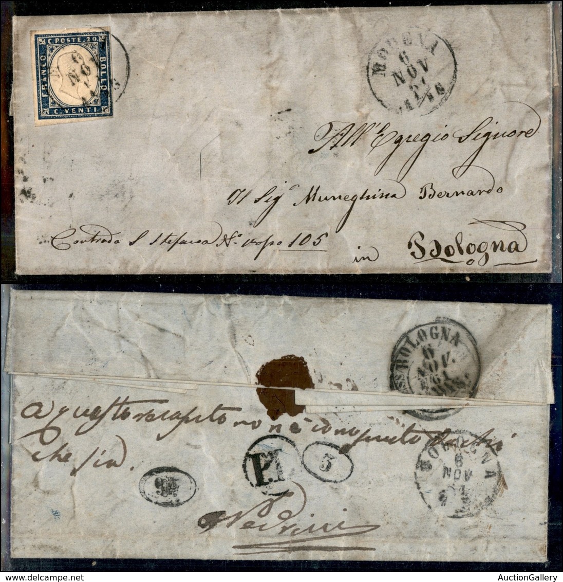 Antichi Stati Italiani - Sardegna - 20 Cent (15Db) Su Lettera Da Modena A Bologna Del 6.11.61 - P.L. Al Retro - Other & Unclassified