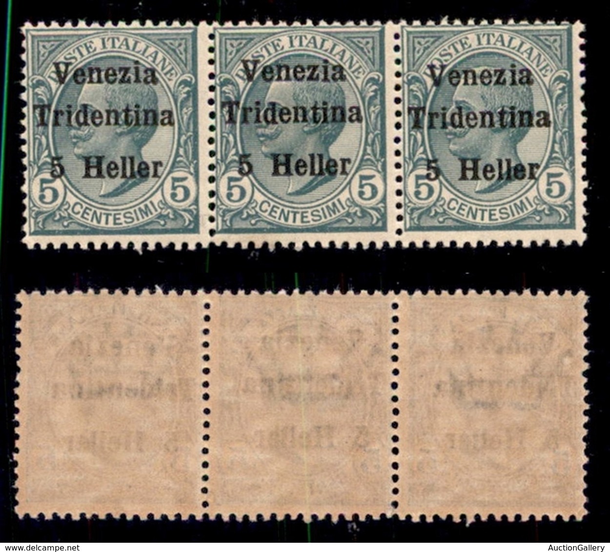 Occupazioni I Guerra Mondiale - Trentino-Alto Adige - 1918 - 5 Heller Su 5 Cent (28) - Striscia Di 3 - Gomma Integra (37 - Other & Unclassified